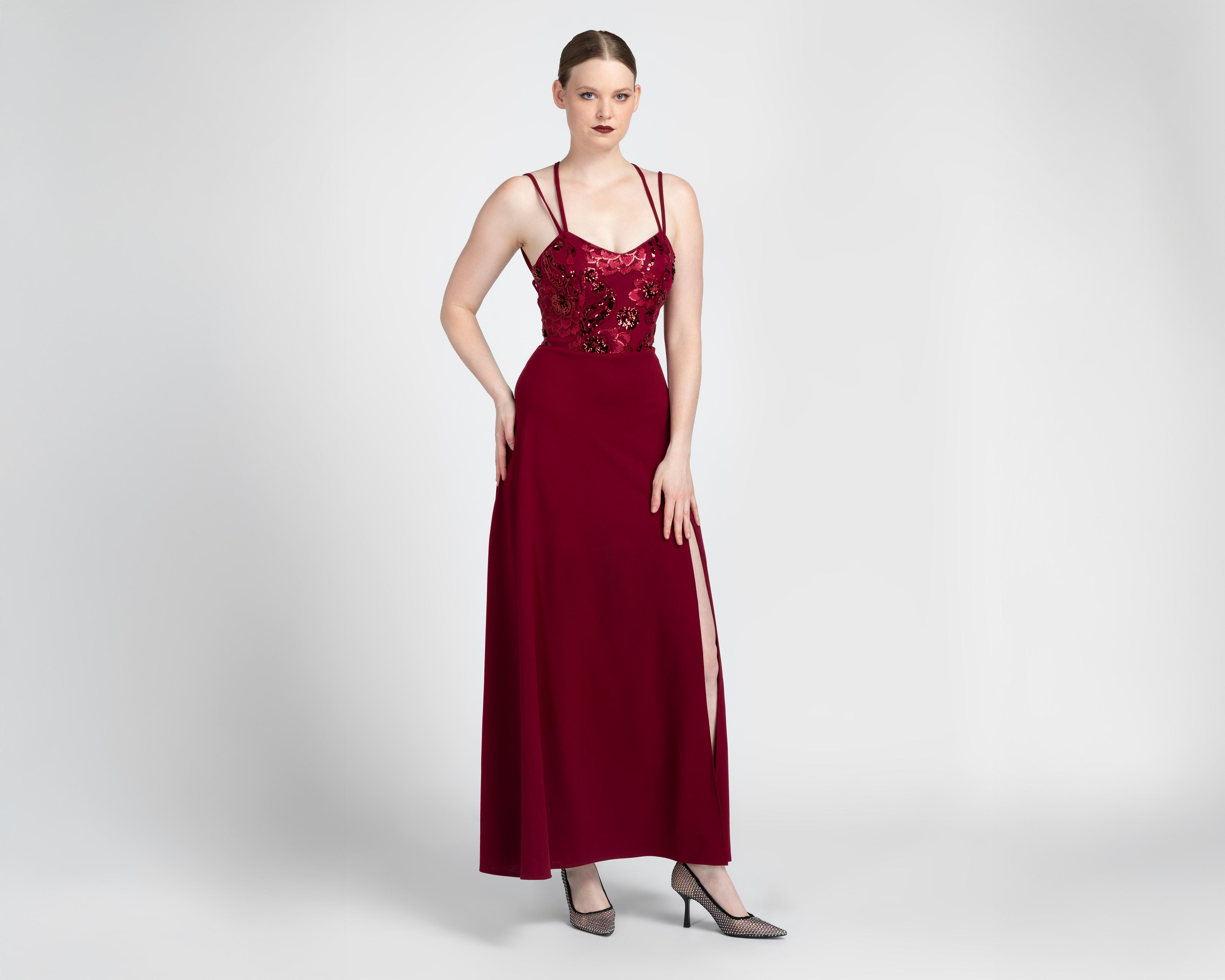 Foto 2 pulgar | Vestido de Noche Sienteme Tinto con Lentejuelas Largo para Mujer