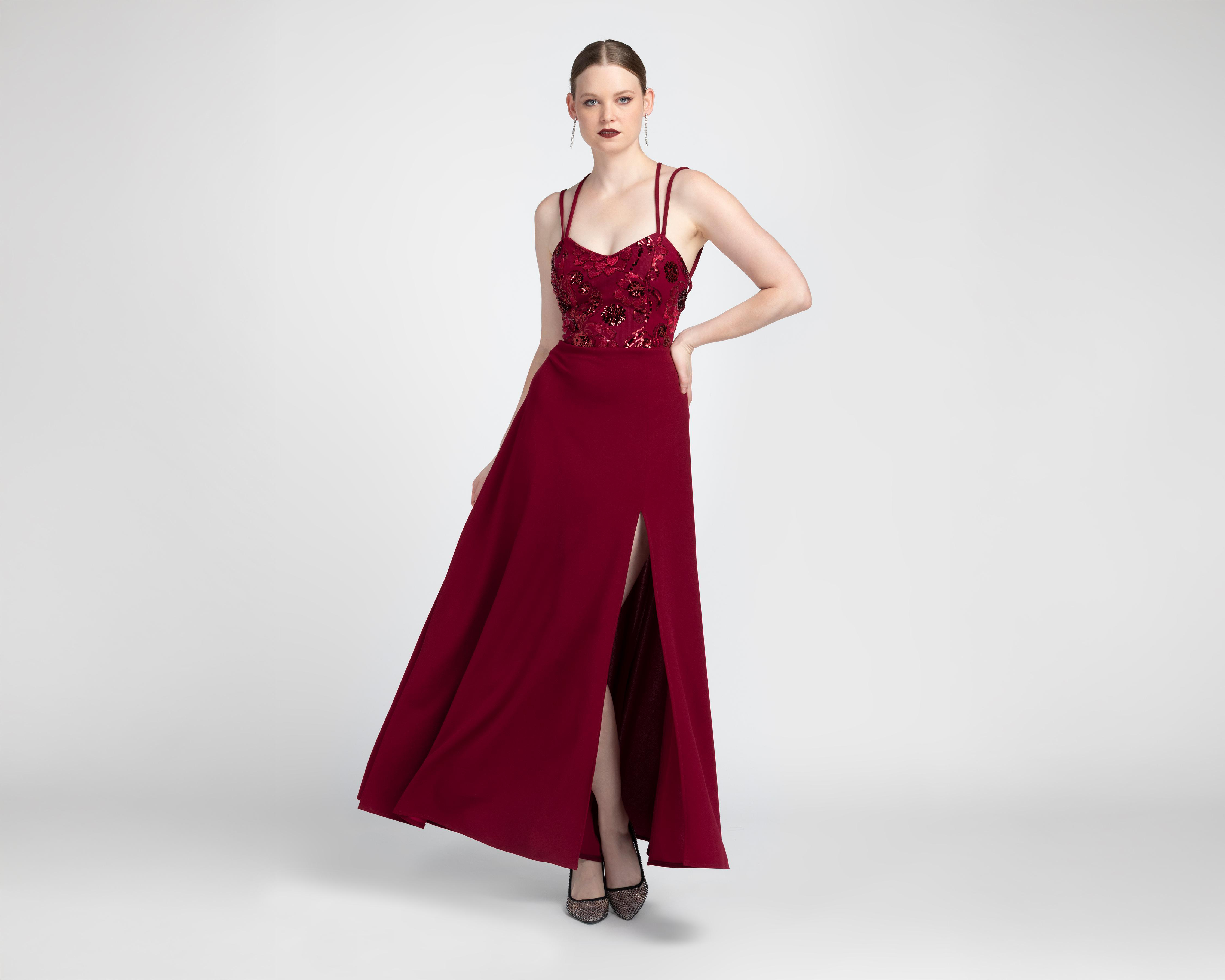 Foto 3 pulgar | Vestido de Noche Sienteme Tinto con Lentejuelas Largo para Mujer