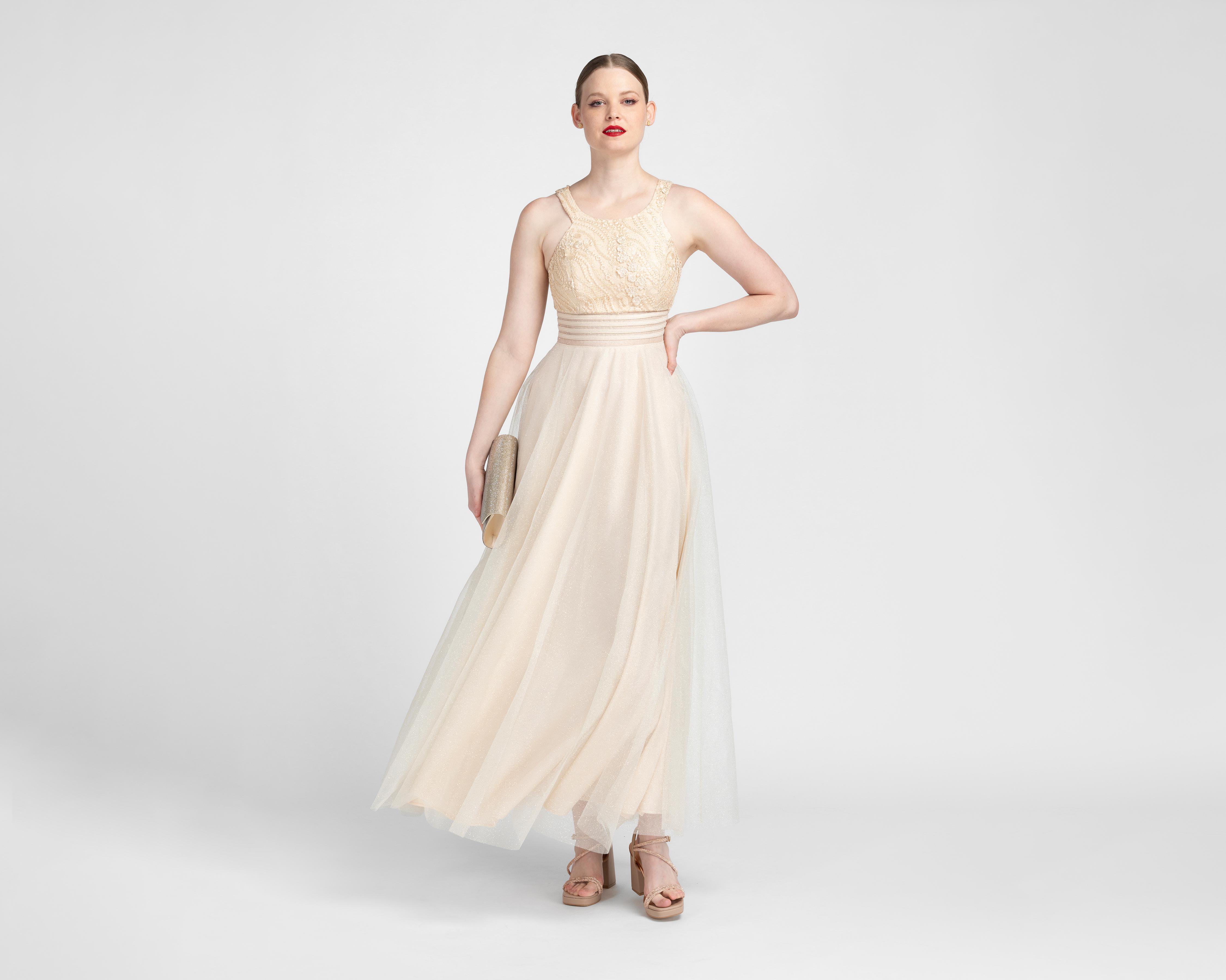 Foto 3 pulgar | Vestido de Noche Nina Ferre Beige con Bordado Largo para Mujer