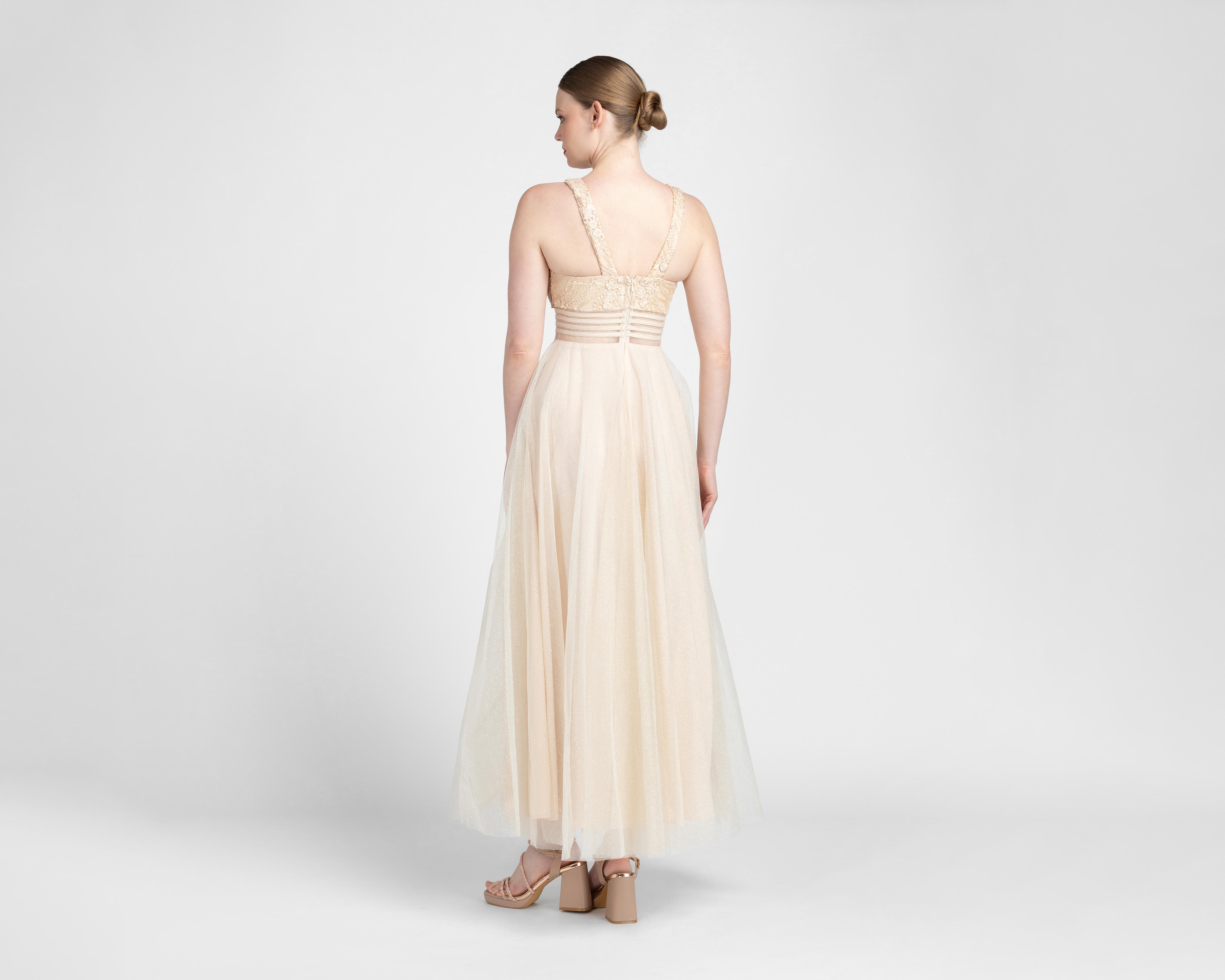 Foto 4 pulgar | Vestido de Noche Nina Ferre Beige con Bordado Largo para Mujer
