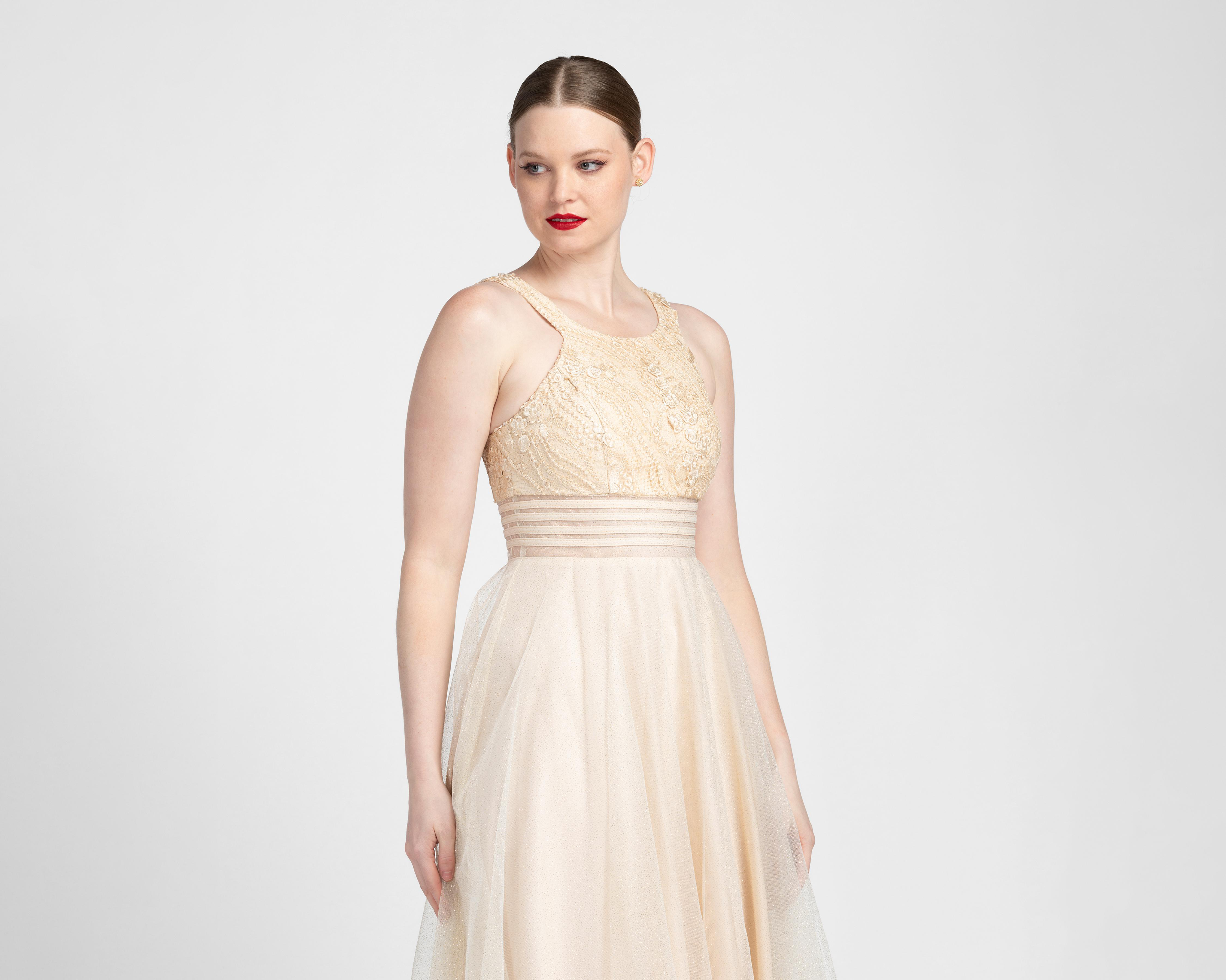 Foto 5 pulgar | Vestido de Noche Nina Ferre Beige con Bordado Largo para Mujer