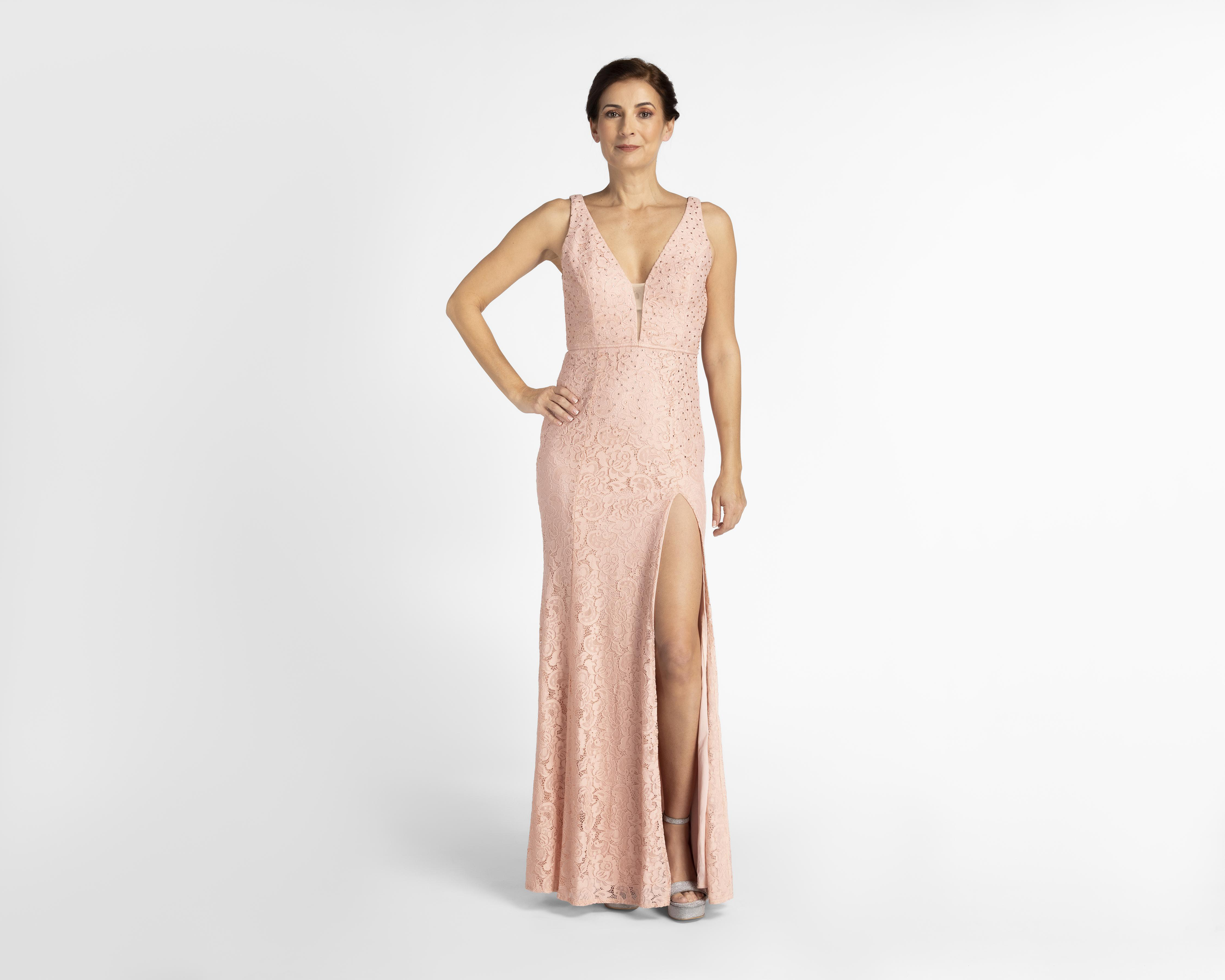 Vestido Maniju de Fiesta con Encaje y Pedrería Rosa