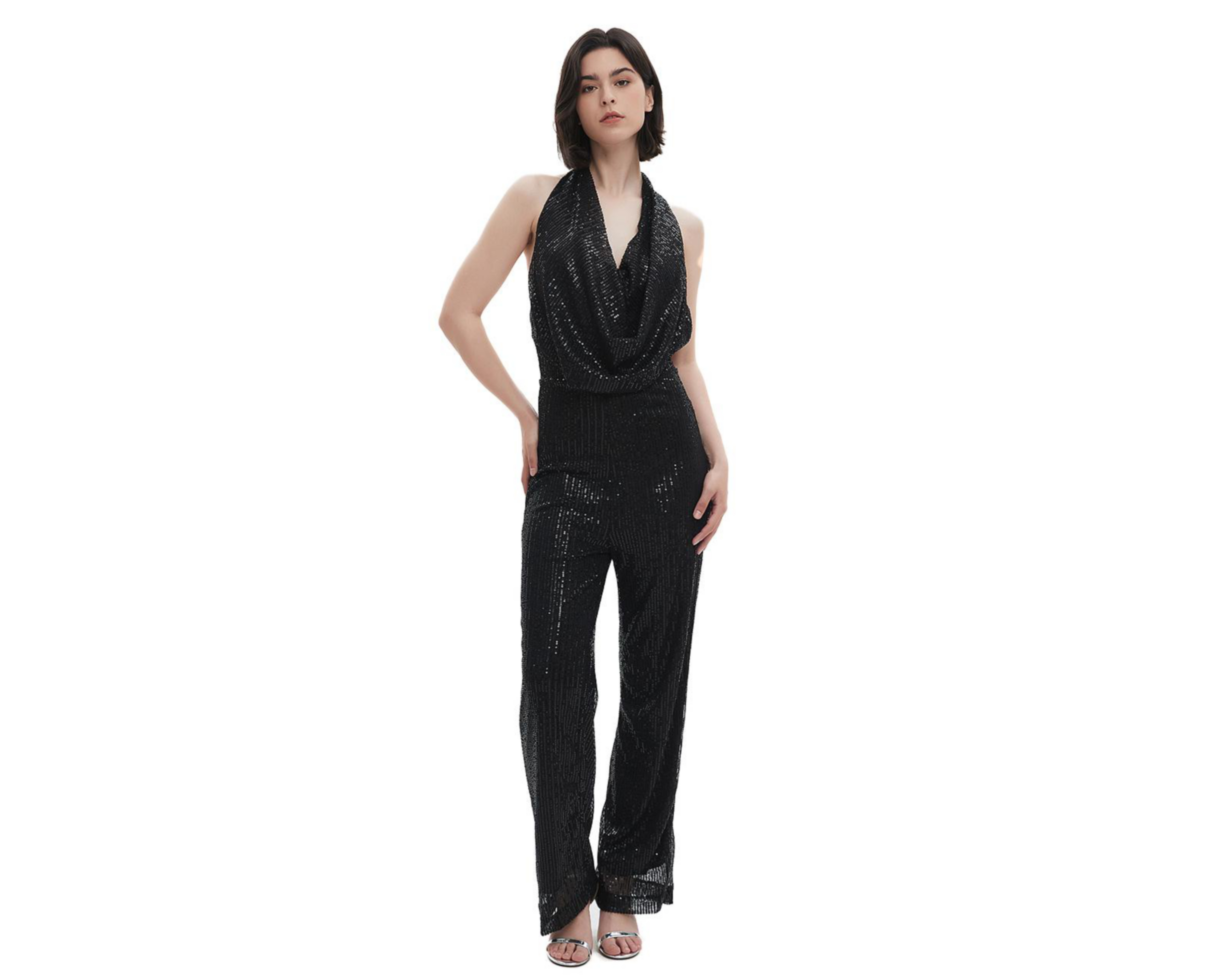 Palazzo de Noche Meirius Negro Cuello Halter con Lentejuela