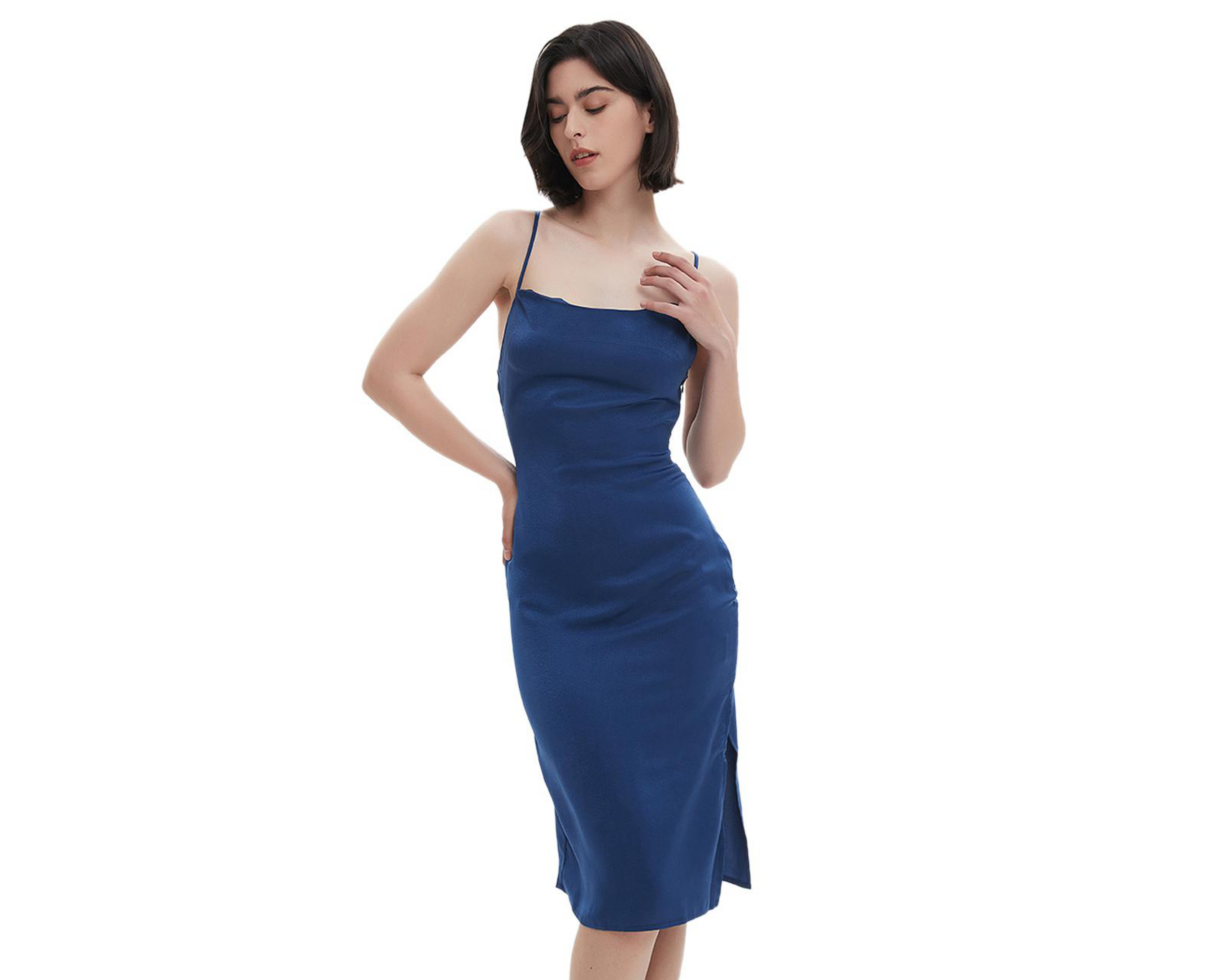 Vestido de Fiesta Meirius Azul Tirantes con Abertura en la Pierna $349