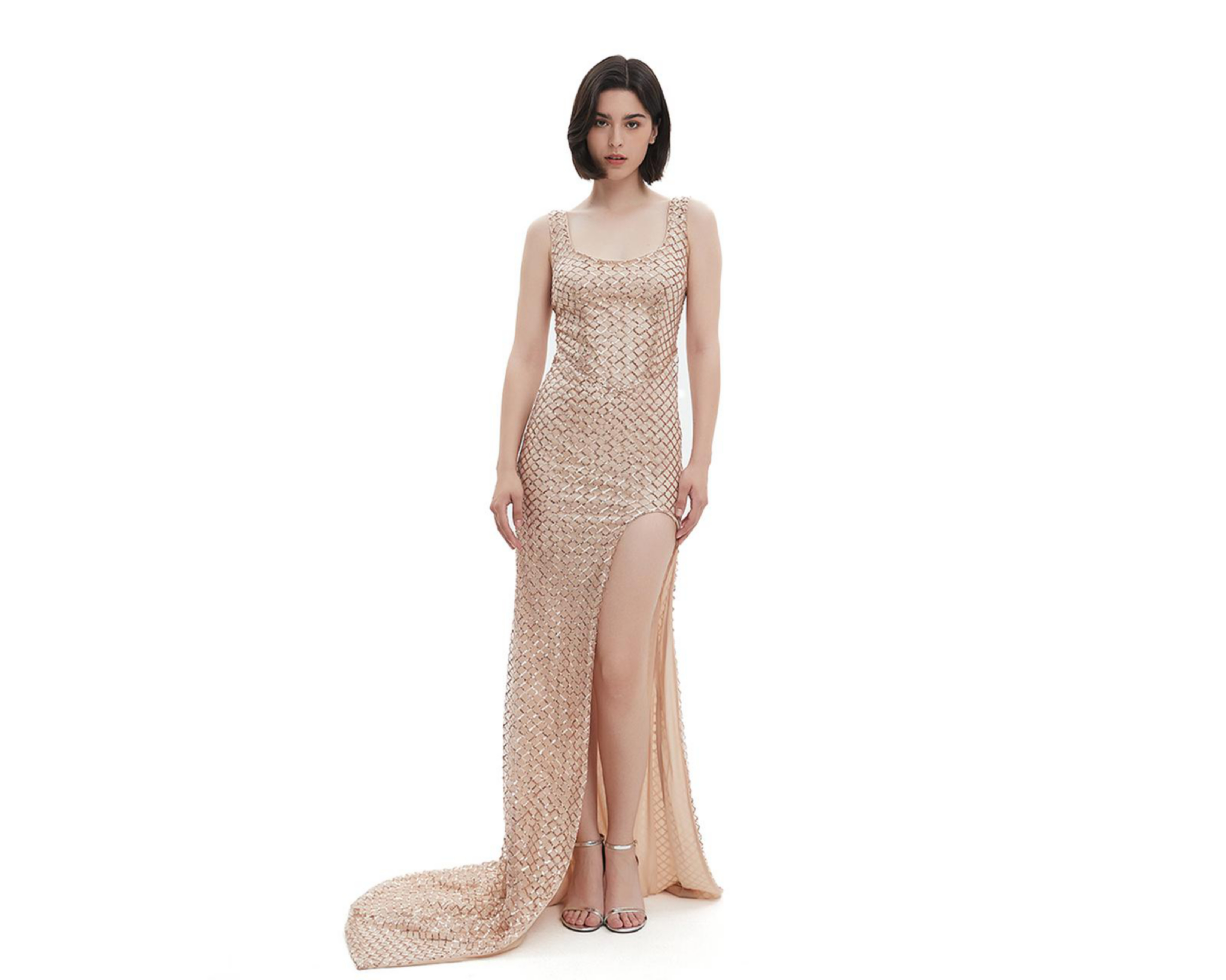 Vestido de Noche Meirius Dorado Largo con Abertura en Pierna $479