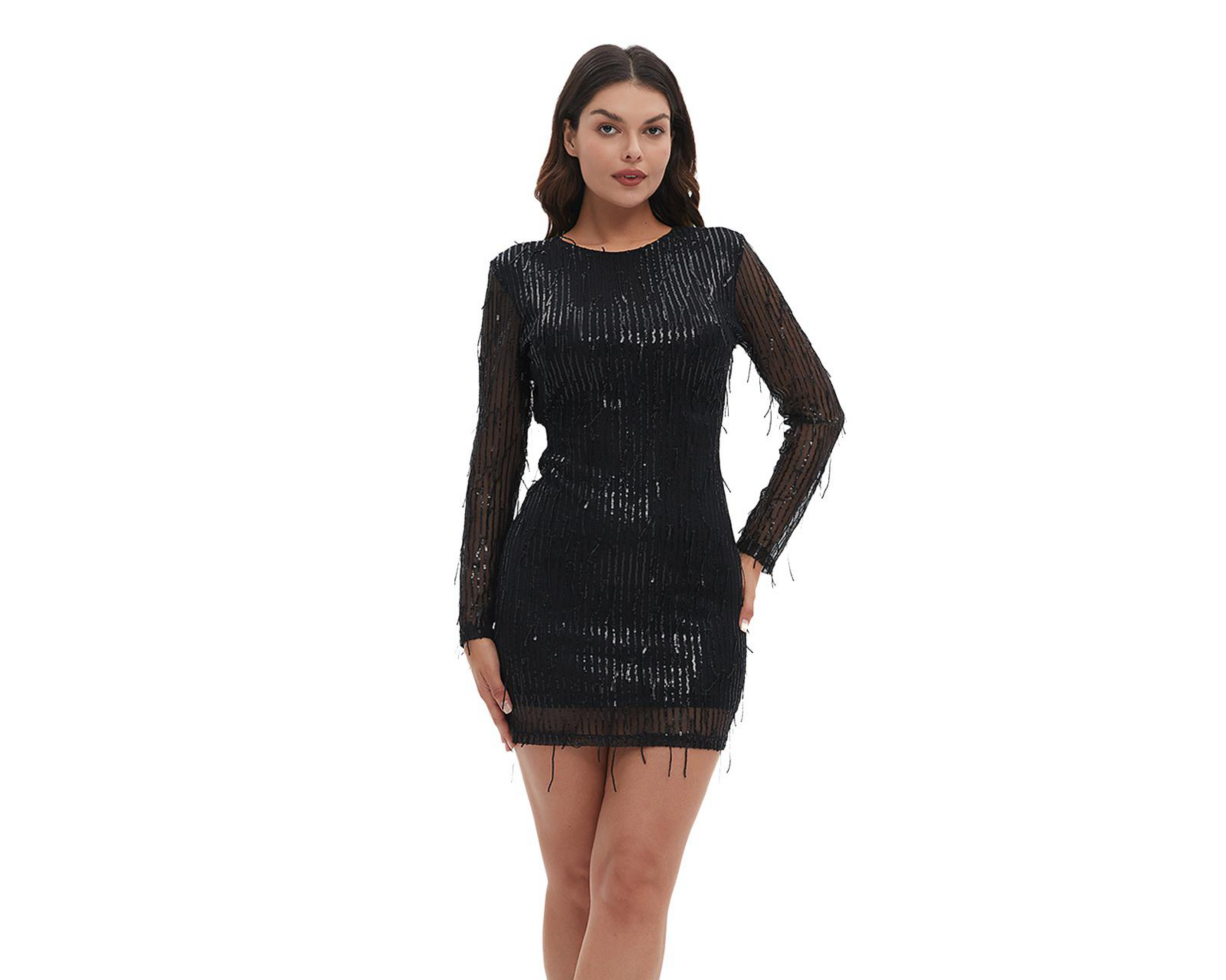 Vestido de Fiesta Meirius Negro de Manga Larga con Lentejuelas