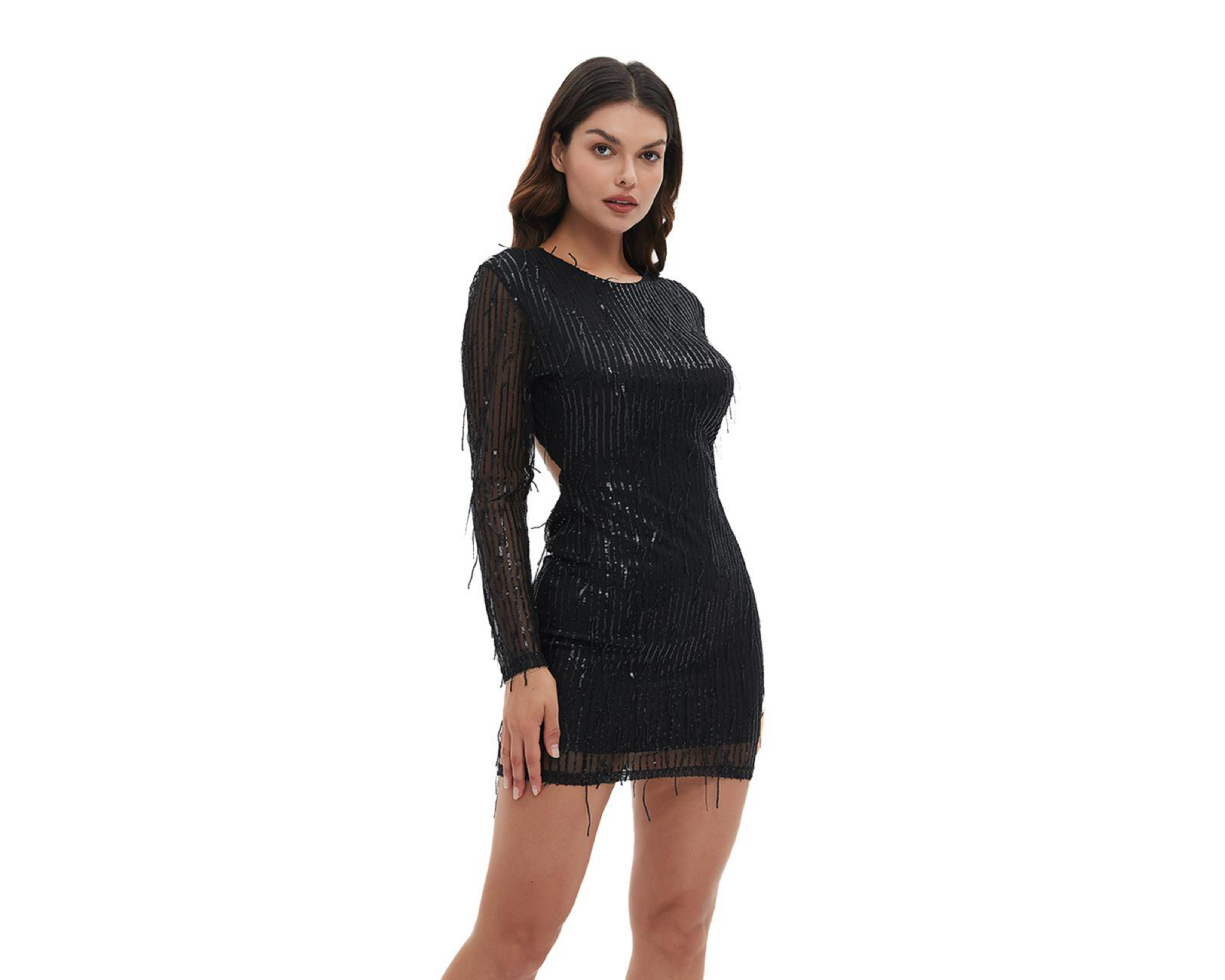 Foto 4 pulgar | Vestido de Fiesta Meirius Negro de Manga Larga con Lentejuelas