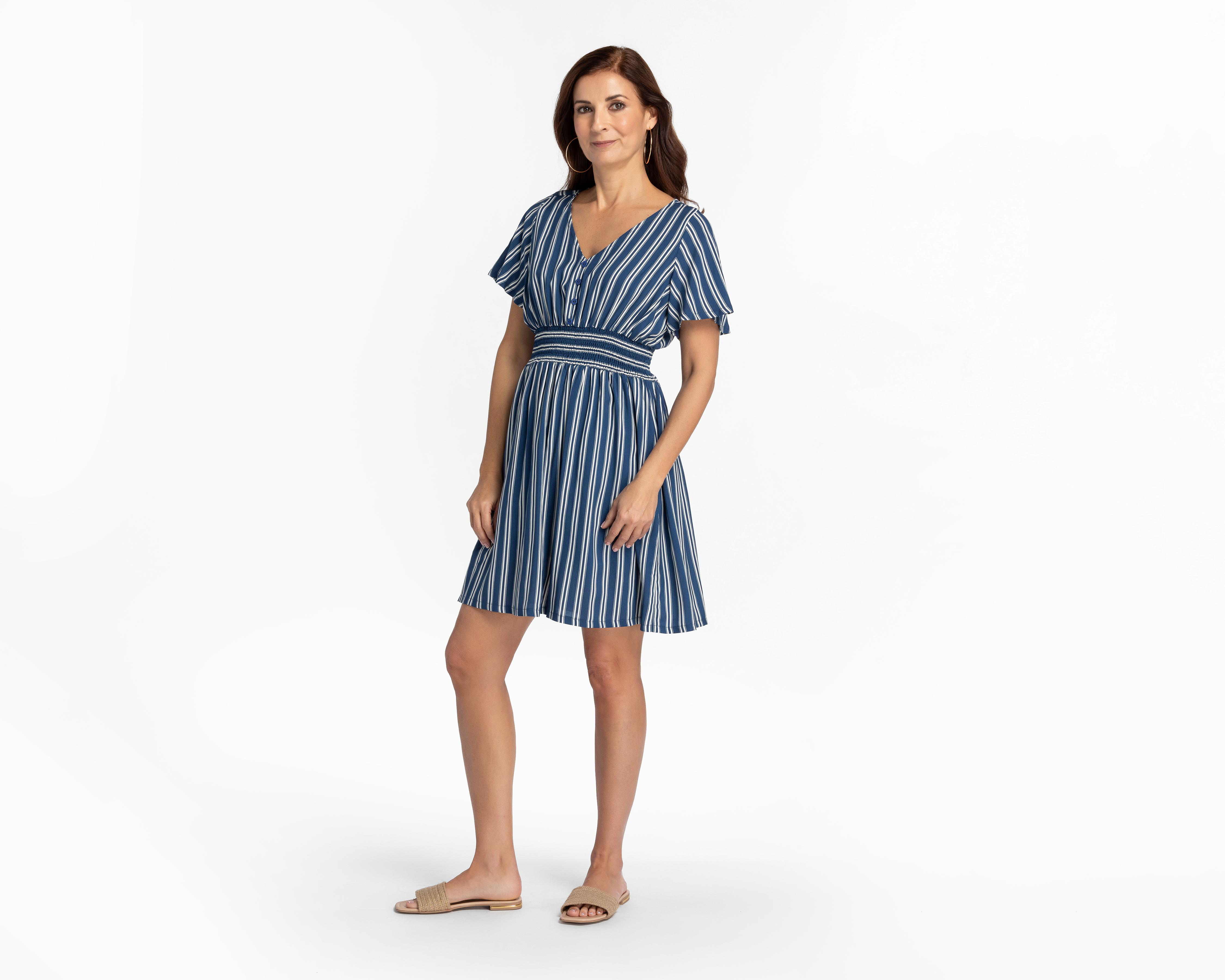 Vestido Lady Sun Casual Cuello V Manga Corta a Rayas $229