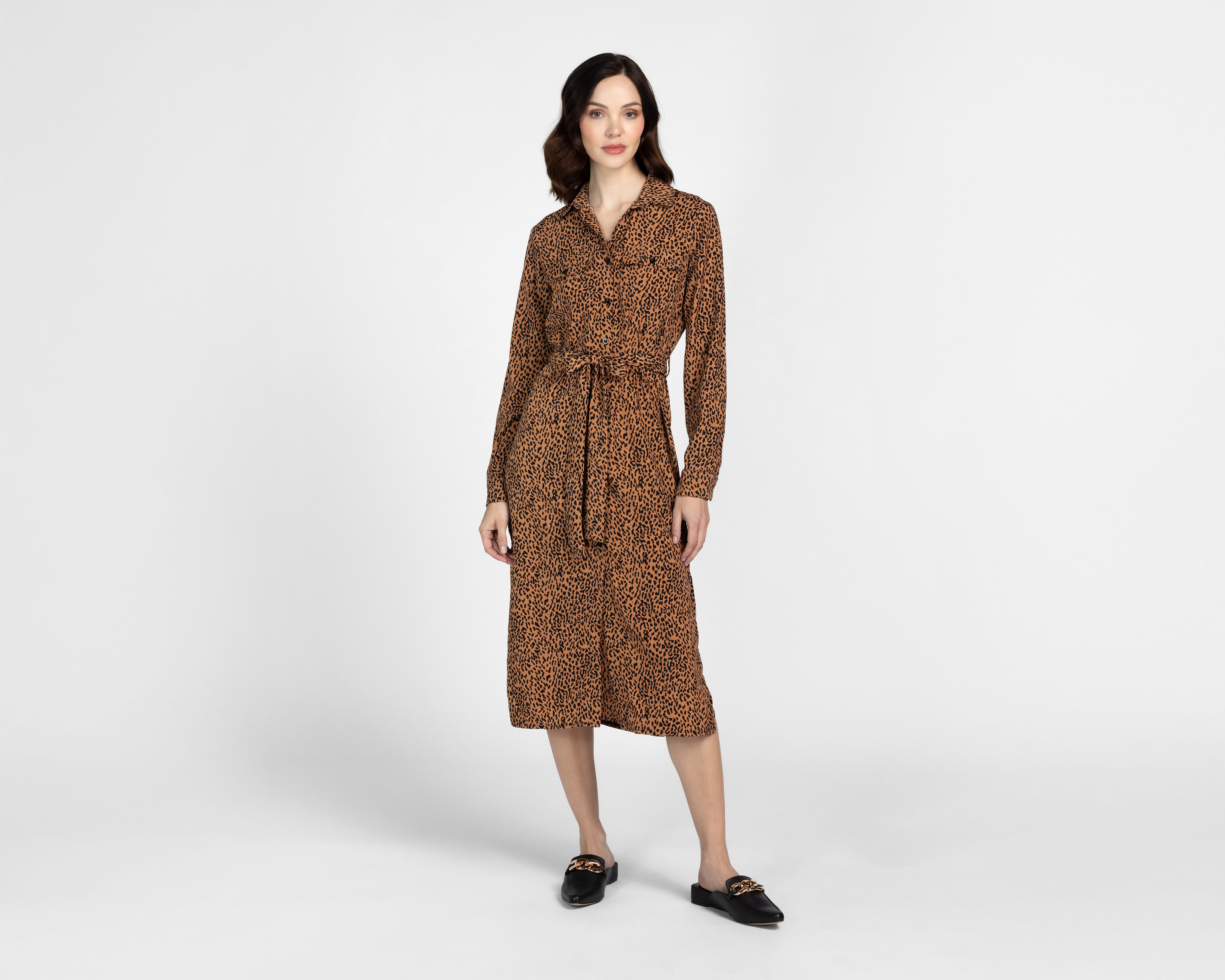 Vestido Casual Sahara Animal Print Manga Larga con Cinturón