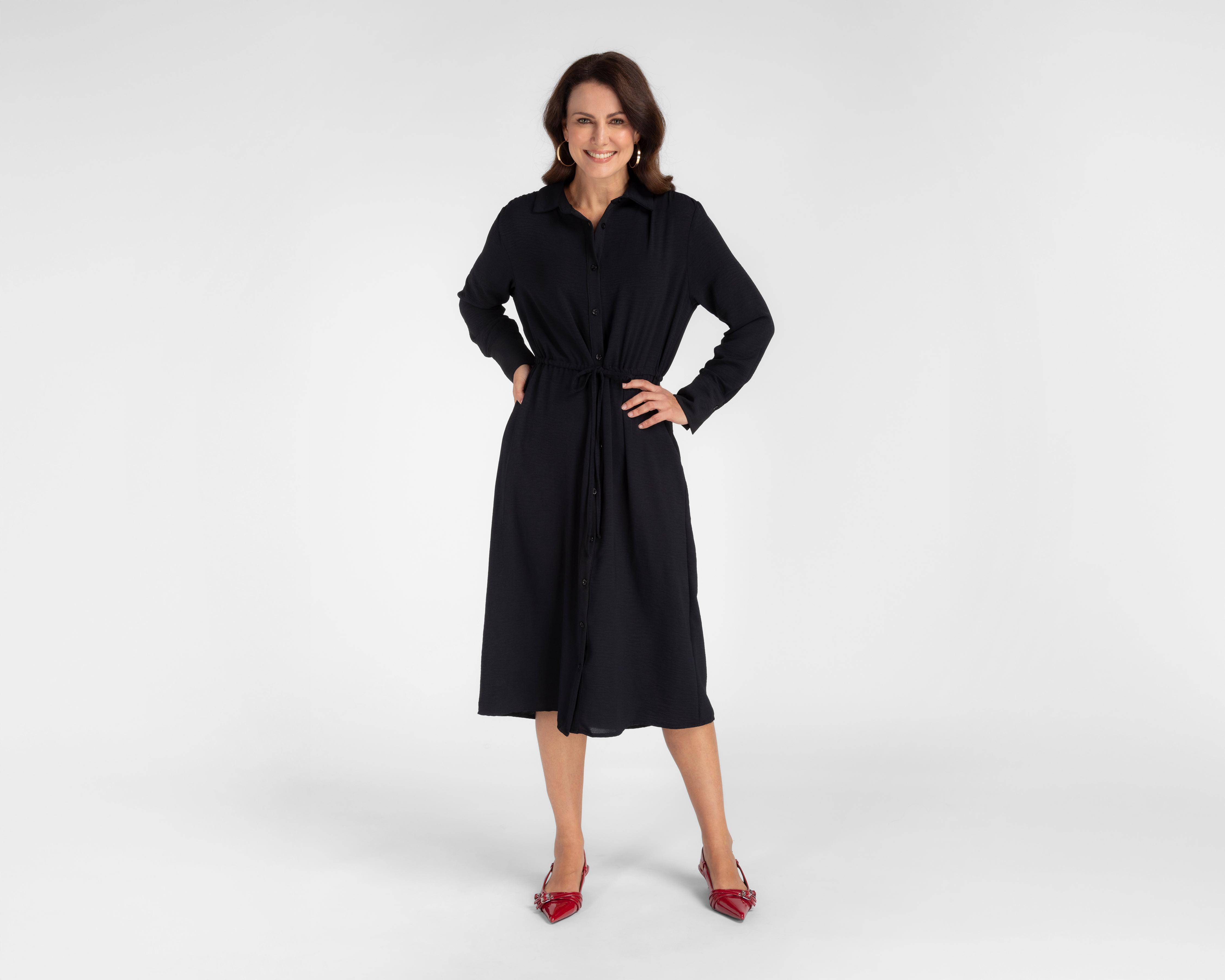 Vestido Casual Sahara Negro Manga Larga con Botones