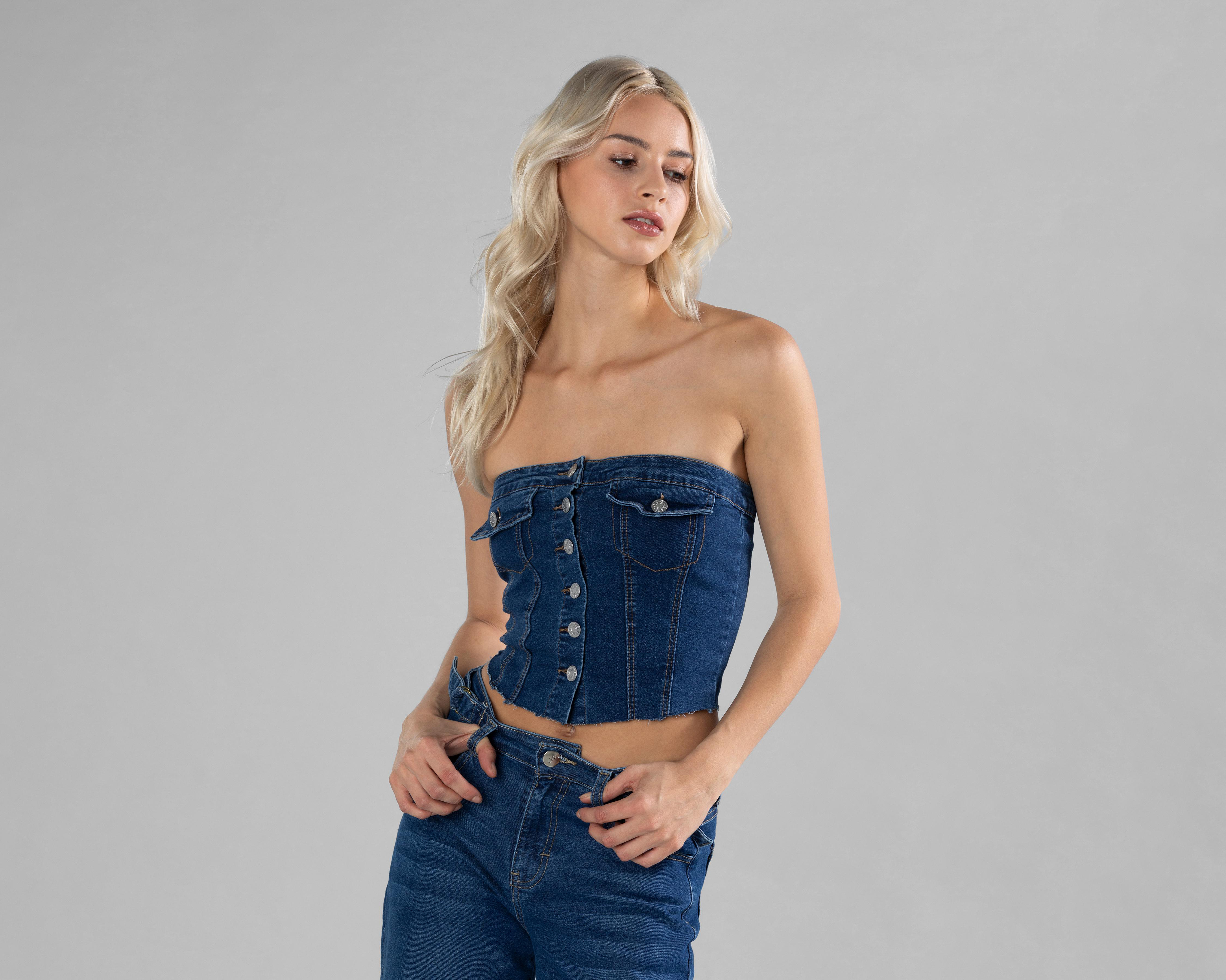 Foto 3 pulgar | Crop Top Strona de Mezclilla para Mujer