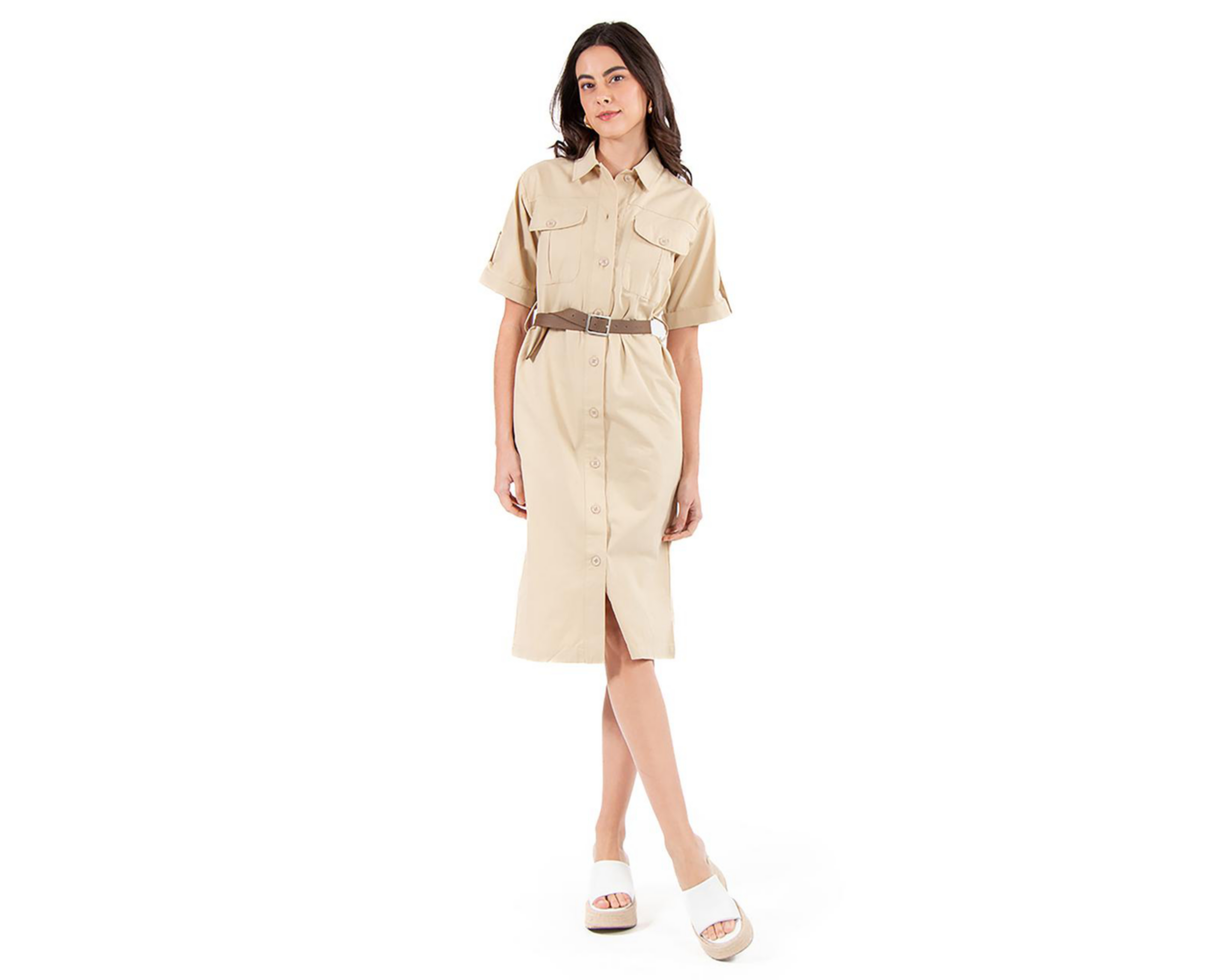 Foto 2 pulgar | Vestido Casual Forever 21 Midi Beige con Cinturón para Mujer