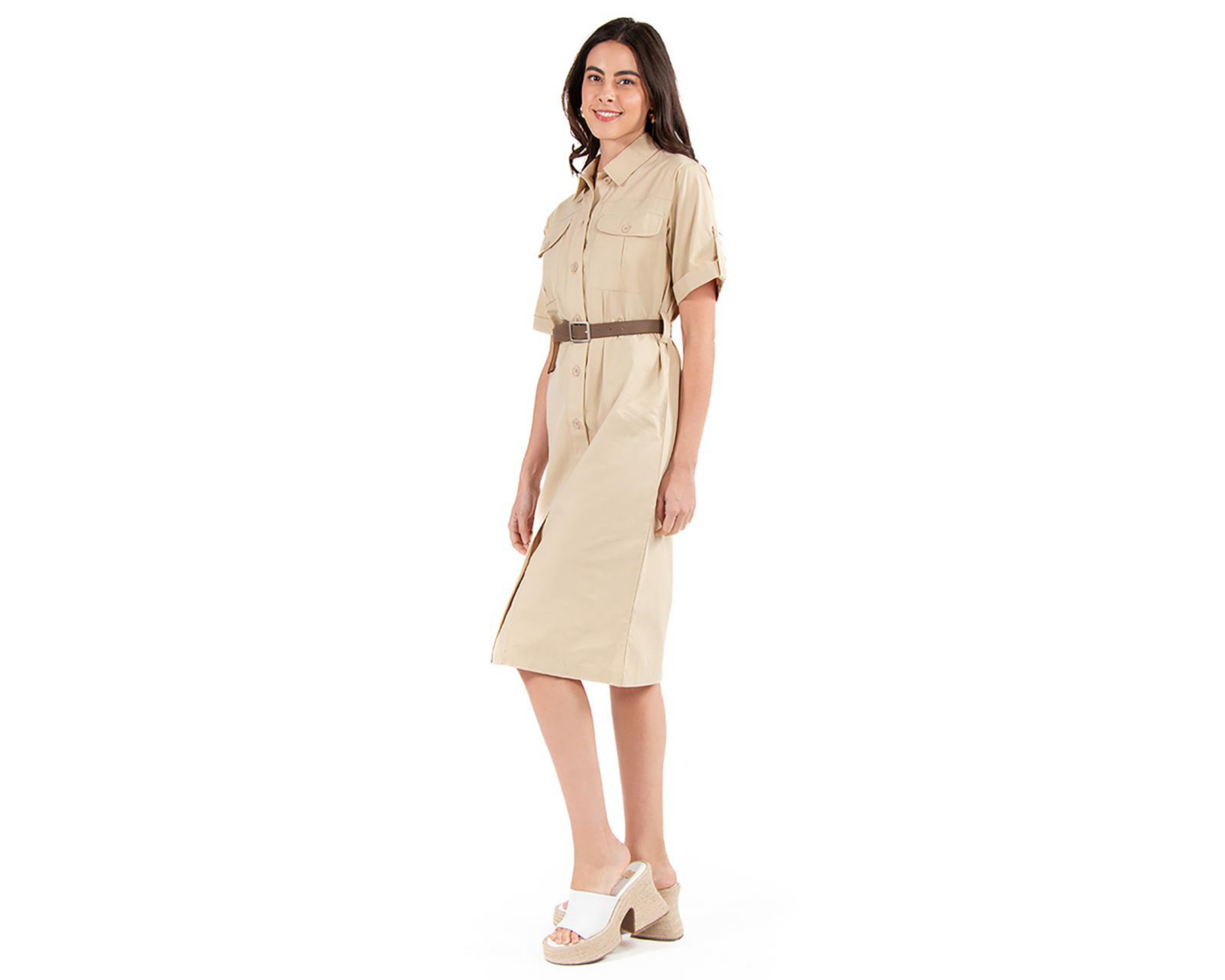 Foto 3 pulgar | Vestido Casual Forever 21 Midi Beige con Cinturón para Mujer