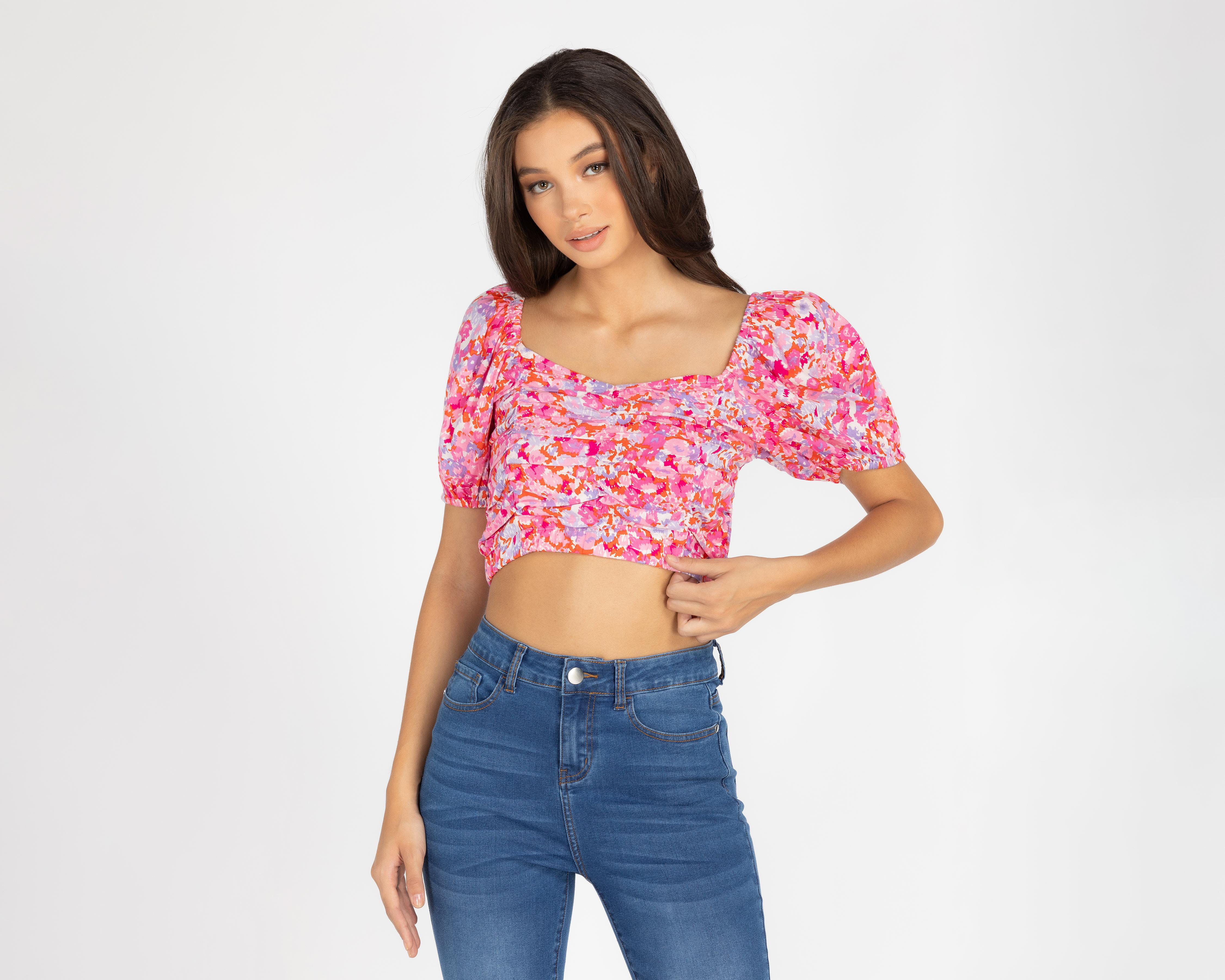 Foto 2 pulgar | Crop Top 18 Forever Floreado con Manga Corta