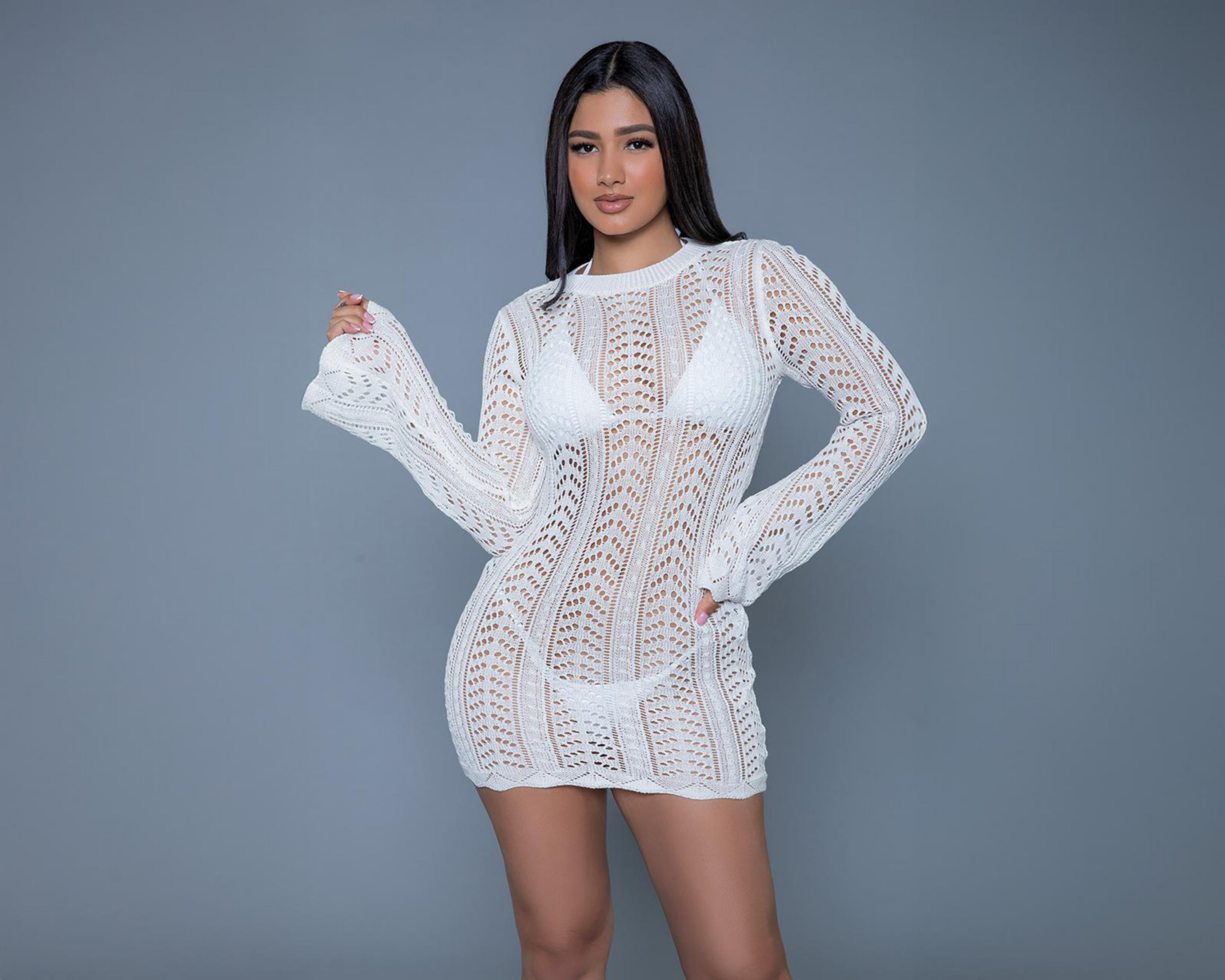 Vestido de Playa Be Wicked Blanco Corto Manga Larga para Mujer