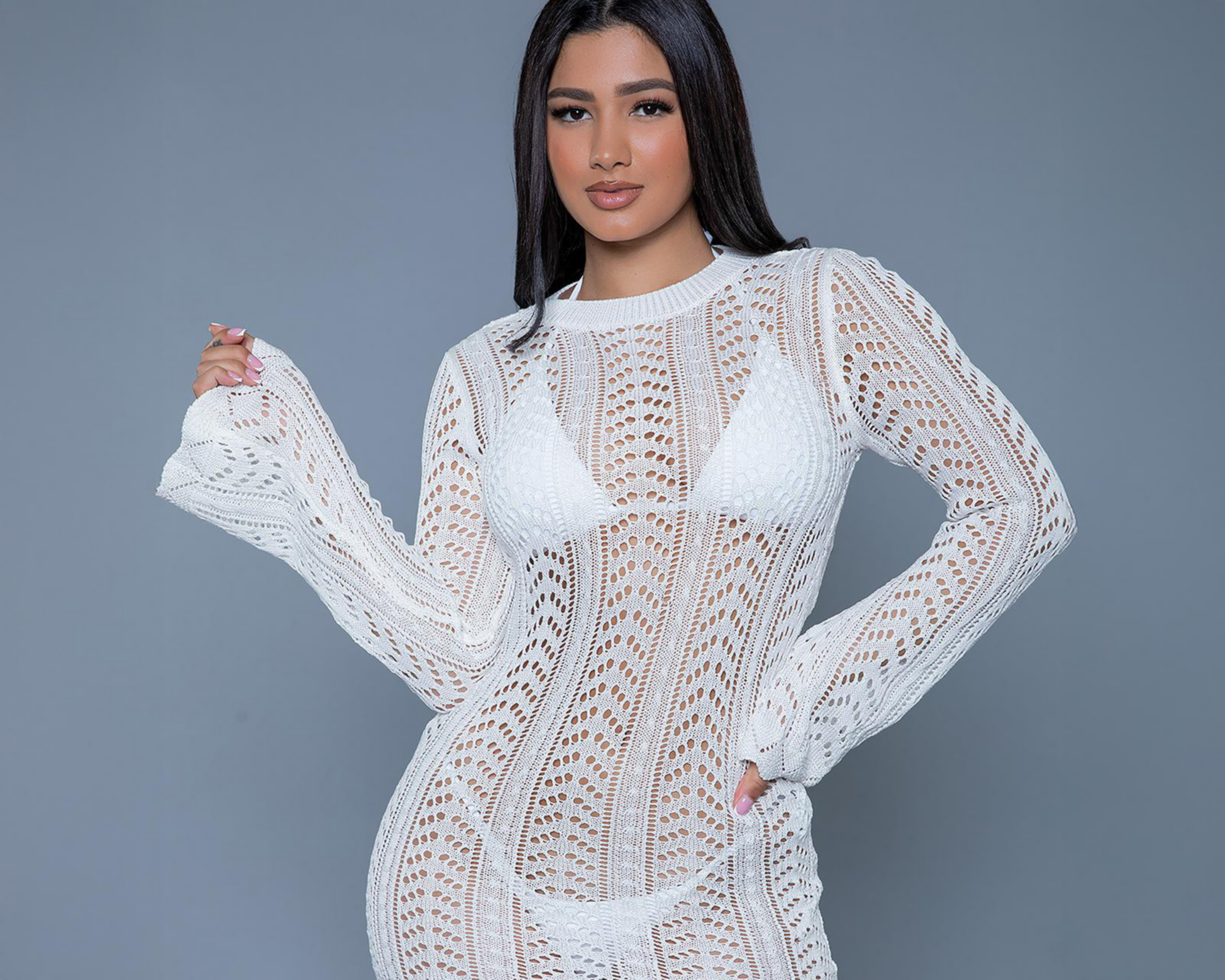 Foto 4 pulgar | Vestido de Playa Be Wicked Blanco Corto Manga Larga para Mujer