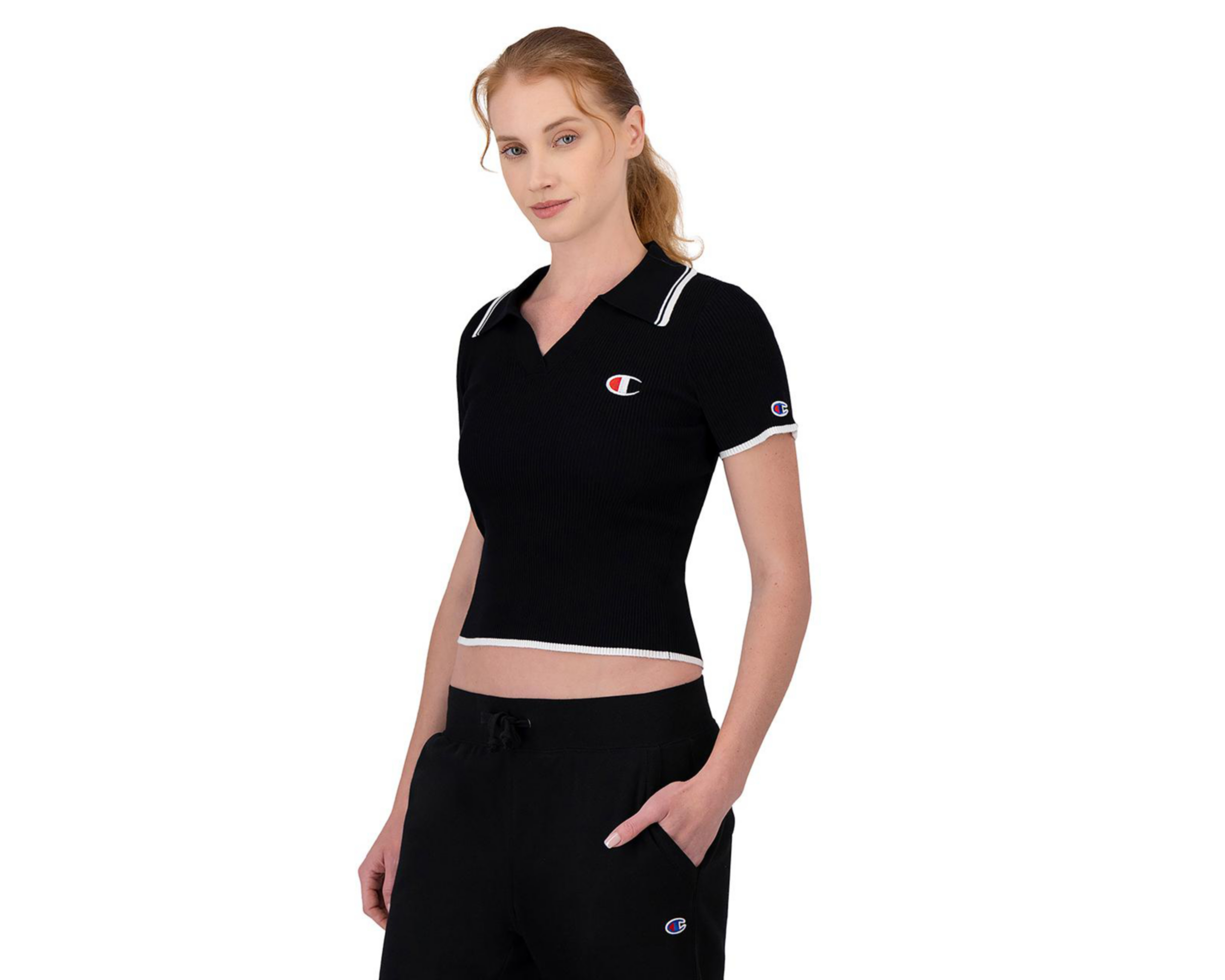 Foto 2 pulgar | Playera Polo Champion Cuello V Negra para Mujer