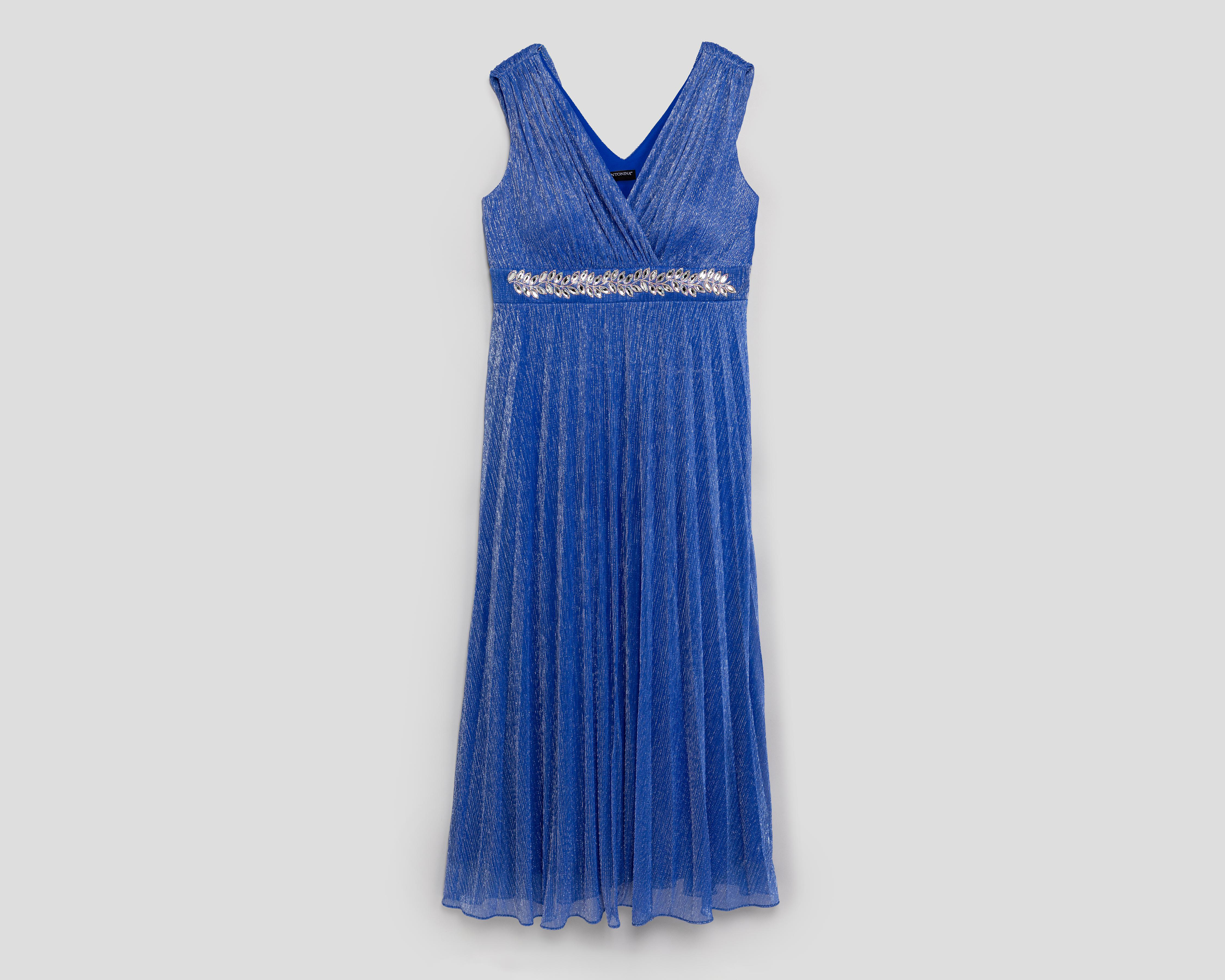 Vestido de Fiesta Antonina Azul Escote V con Pedrería $849