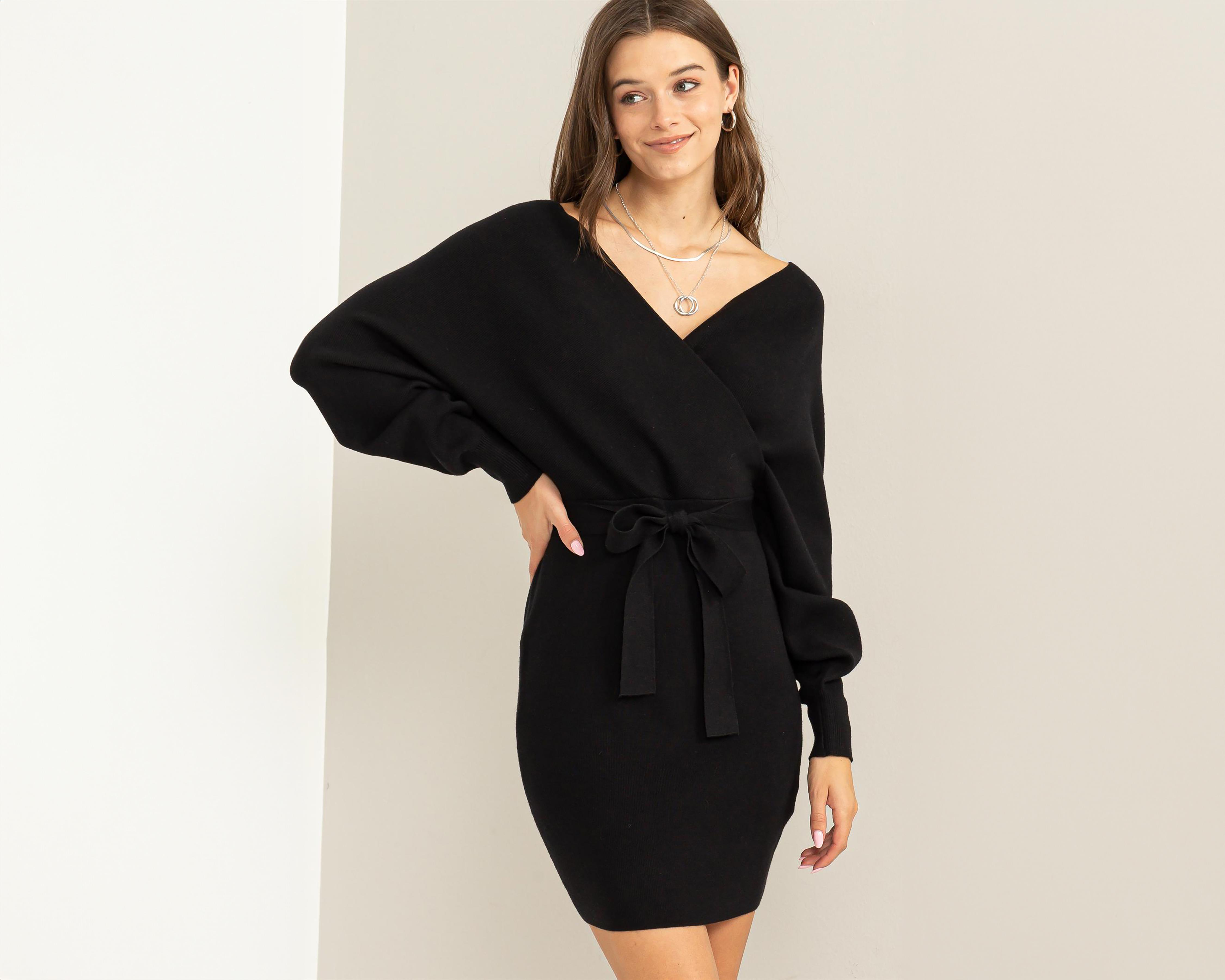 Vestido Casual Sahara Negro Manga Larga Cuello V $349