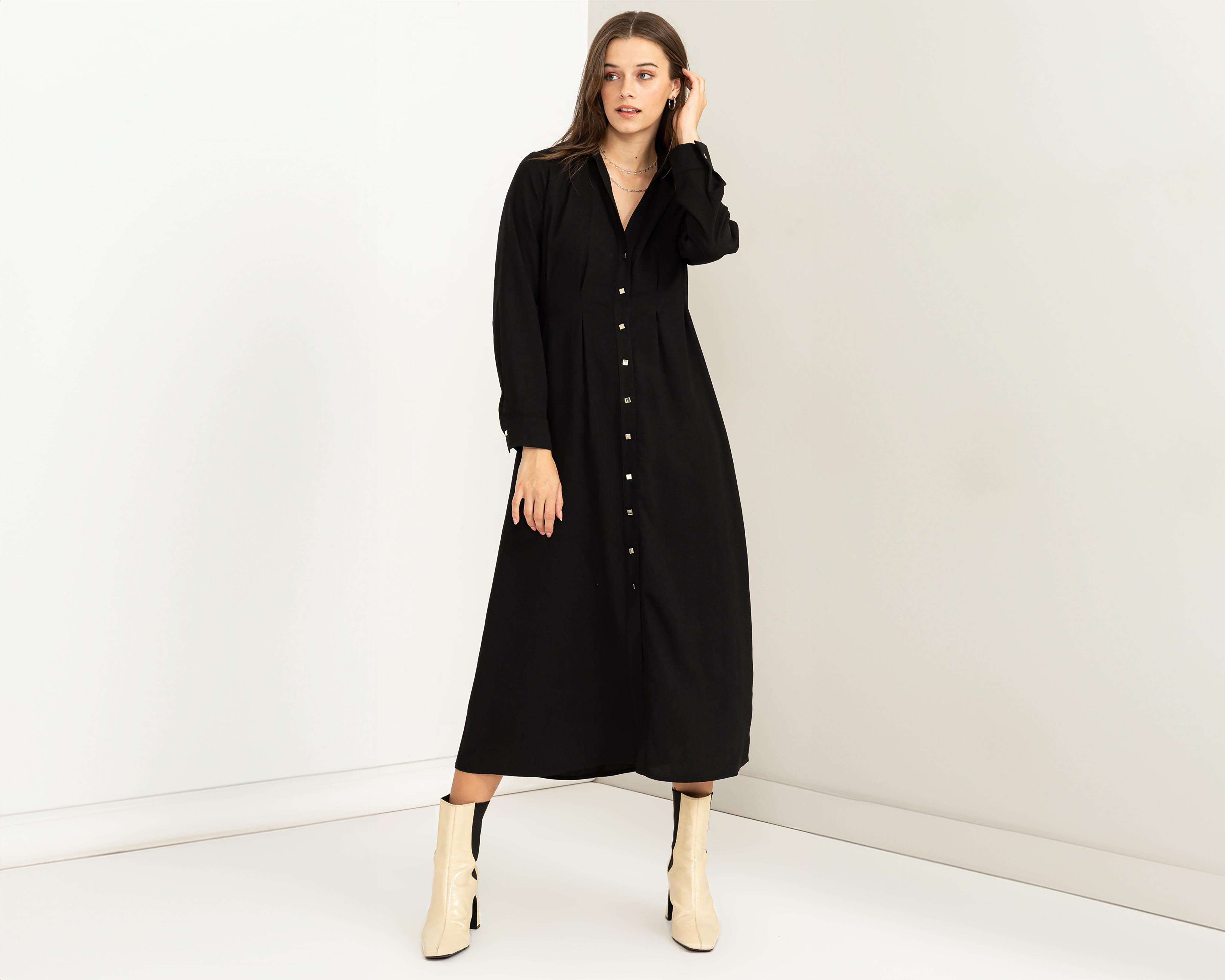 Foto 2 pulgar | Vestido Casual Sahara Negro Midi con Botones