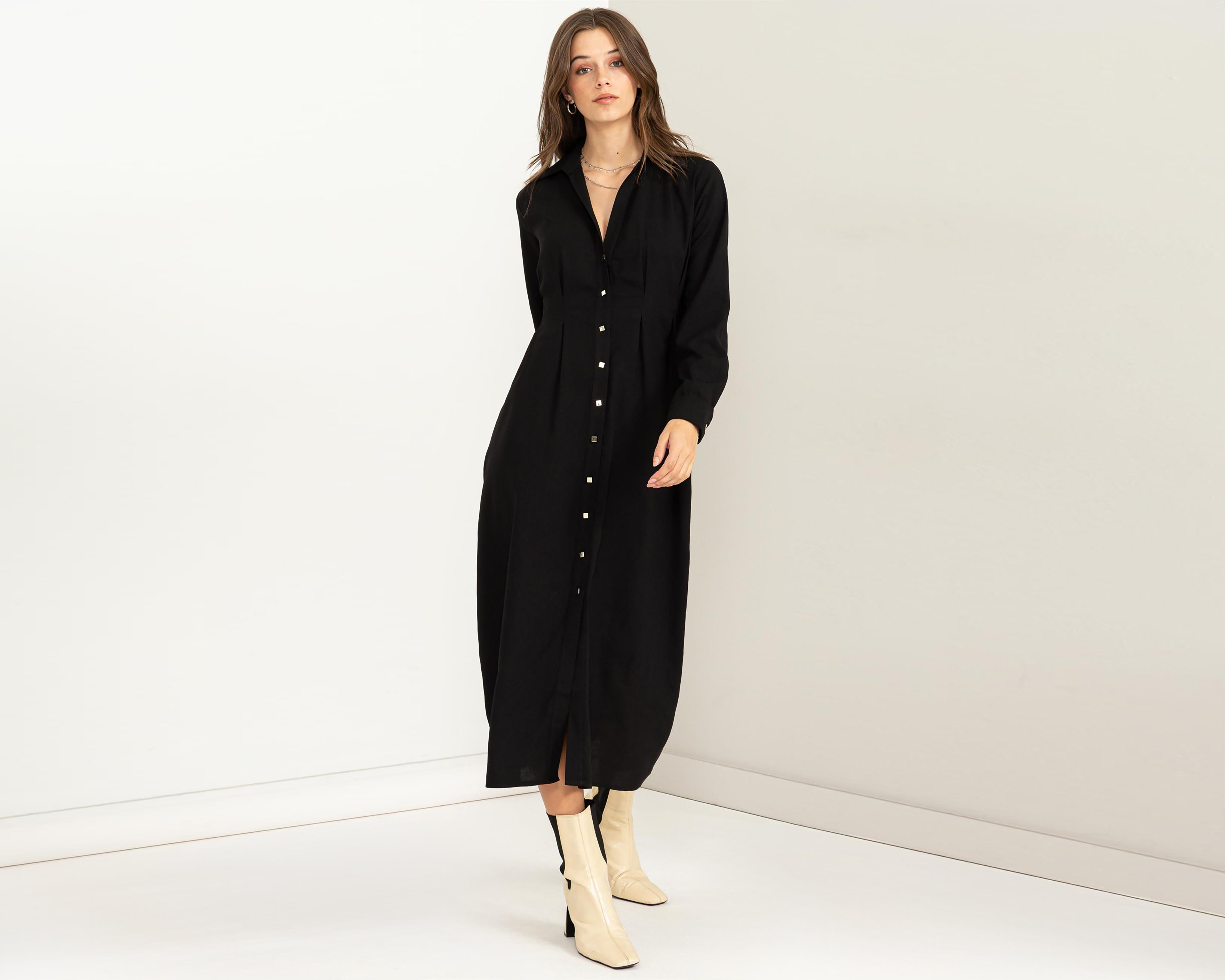 Foto 3 pulgar | Vestido Casual Sahara Negro Midi con Botones