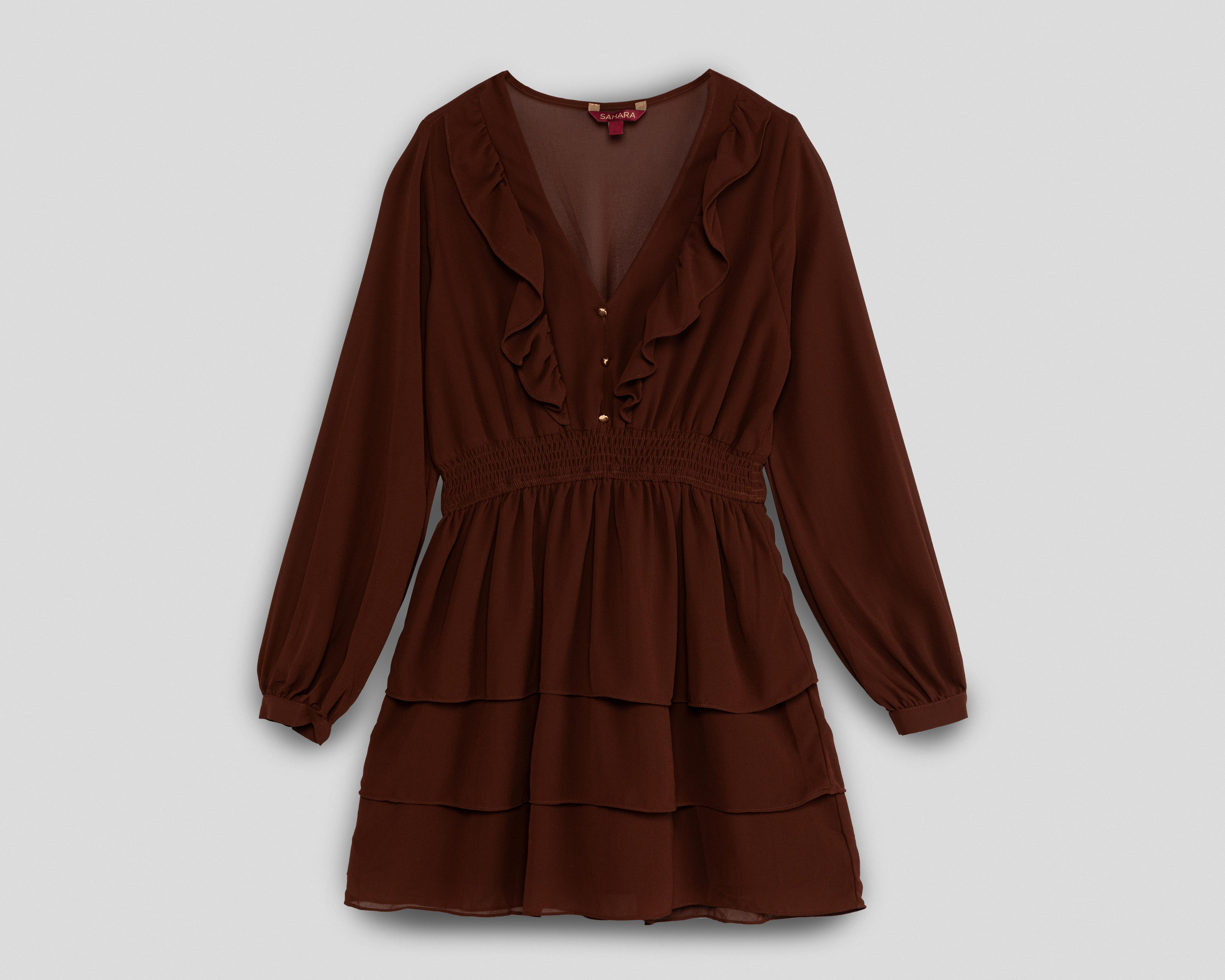 Foto 1 | Vestido Casual Sahara Café Manga Larga con Olanes