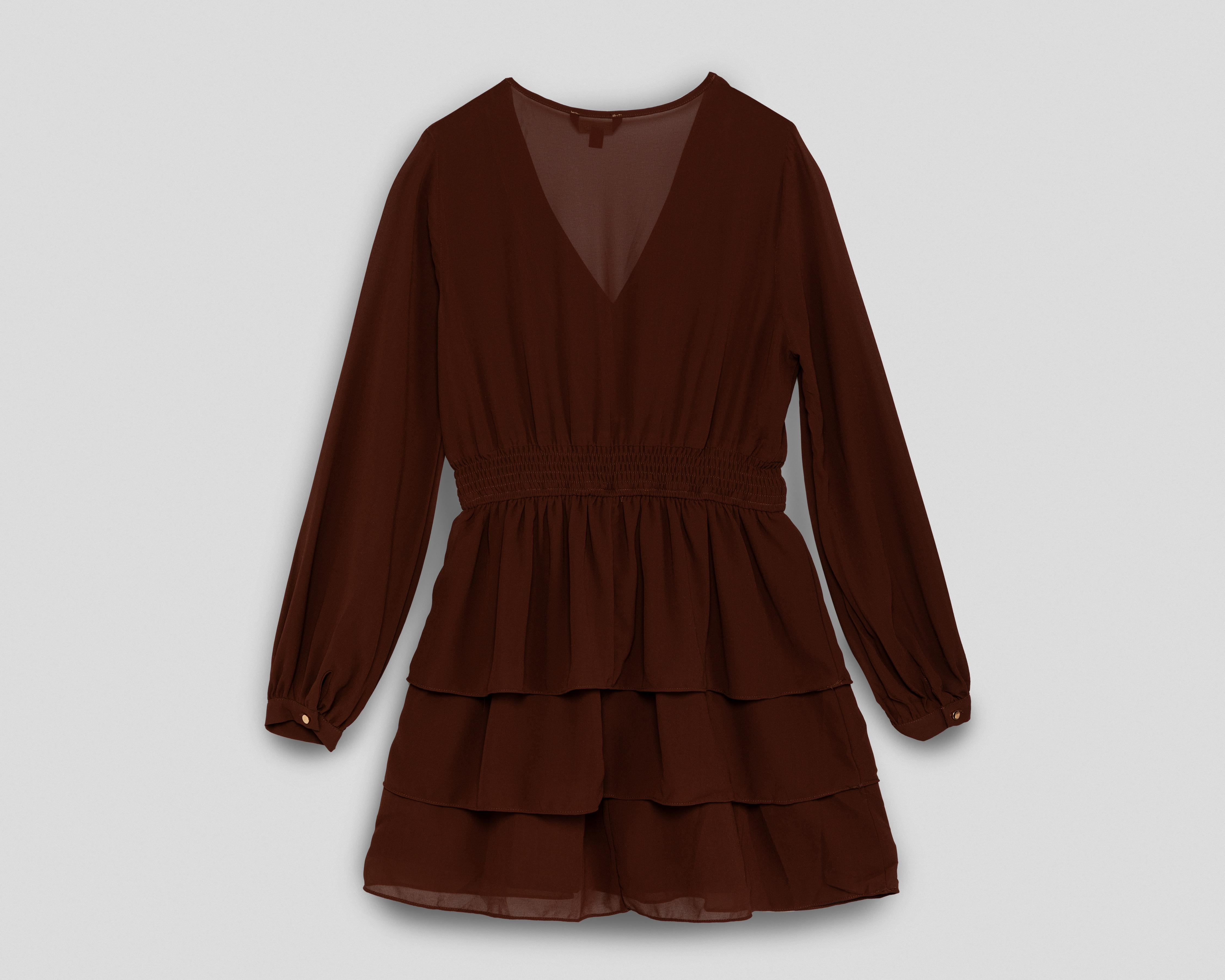 Foto 2 | Vestido Casual Sahara Café Manga Larga con Olanes