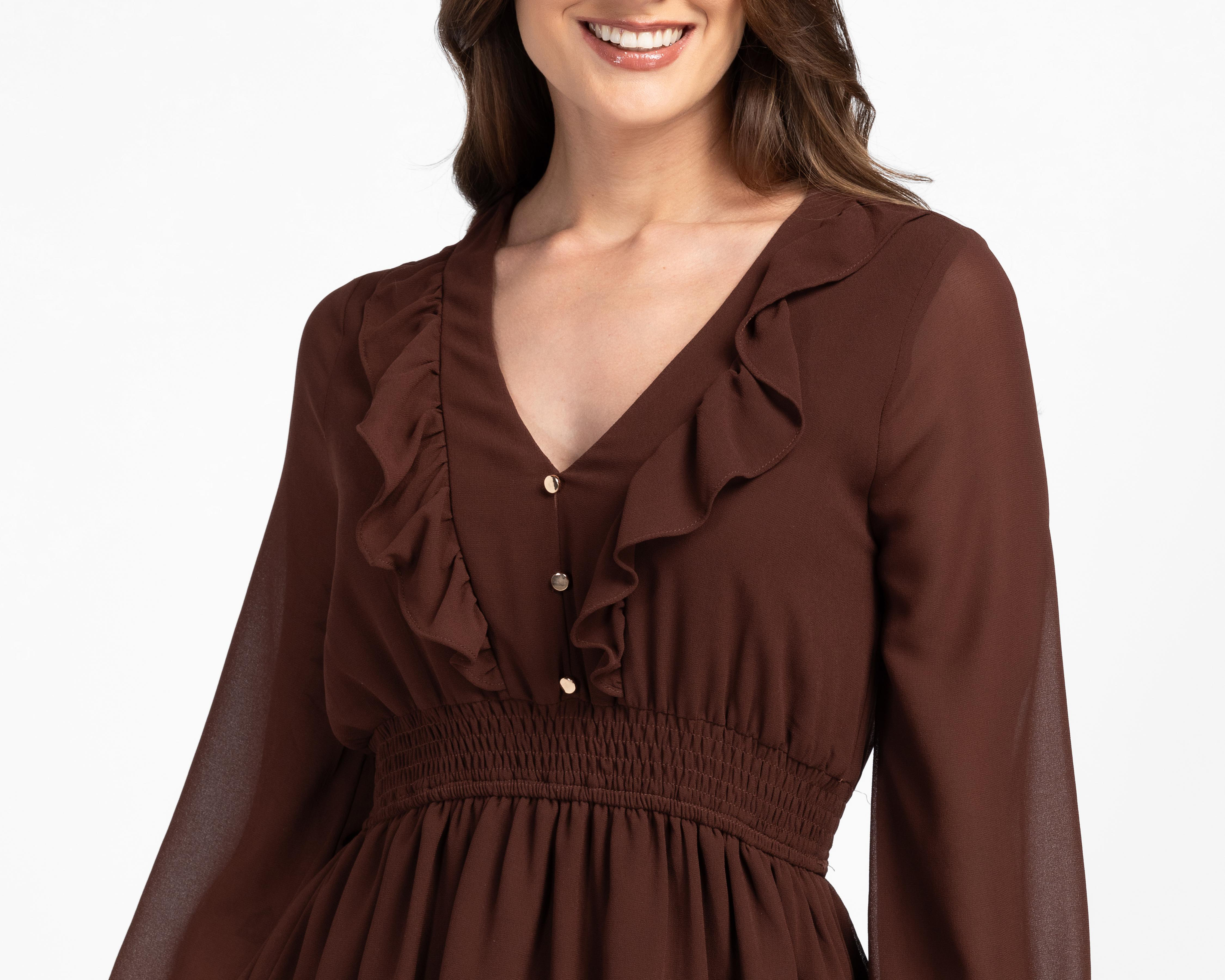 Foto 4 | Vestido Casual Sahara Café Manga Larga con Olanes