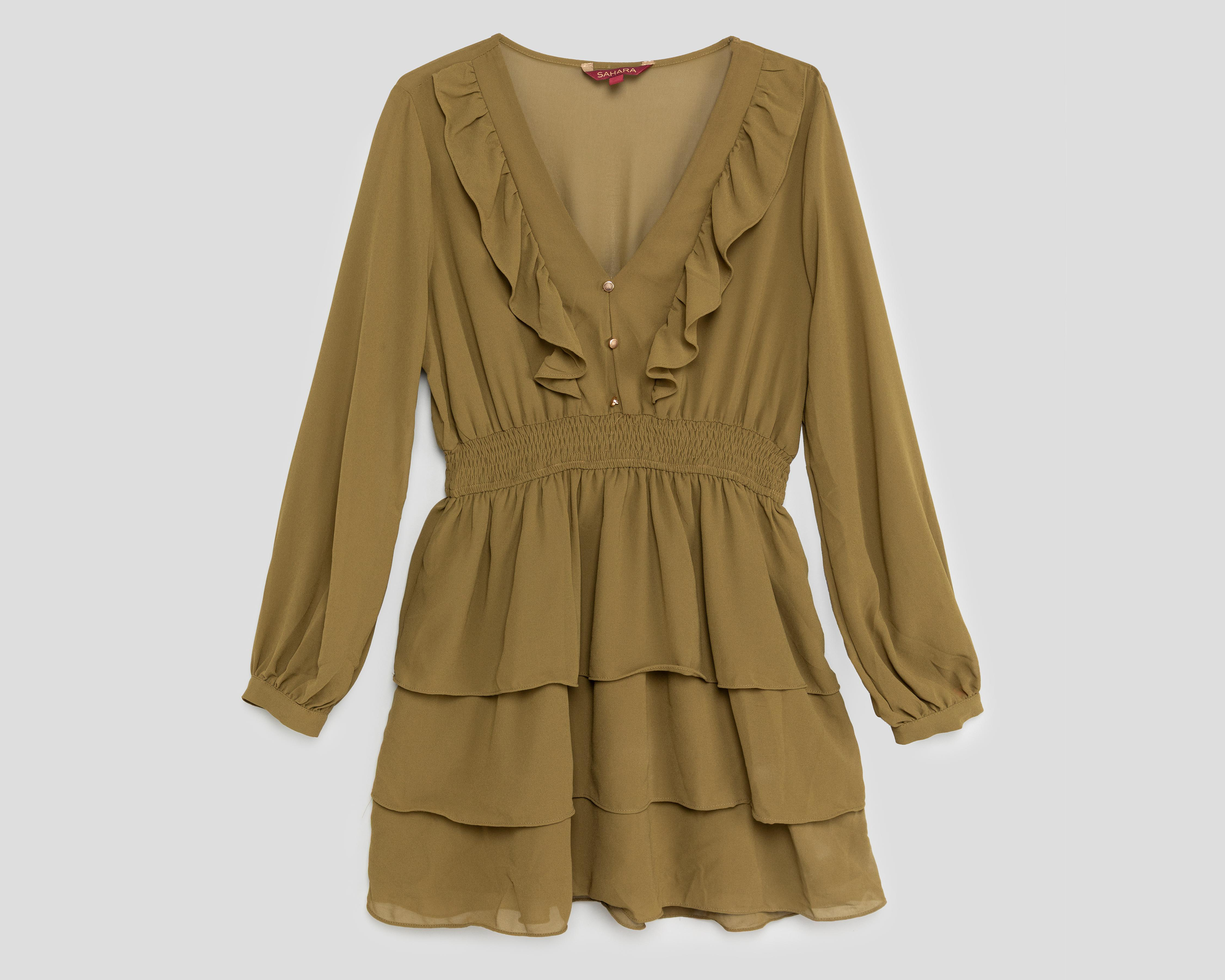 Vestido Casual Sahara Verde Manga Larga con Olanes $499