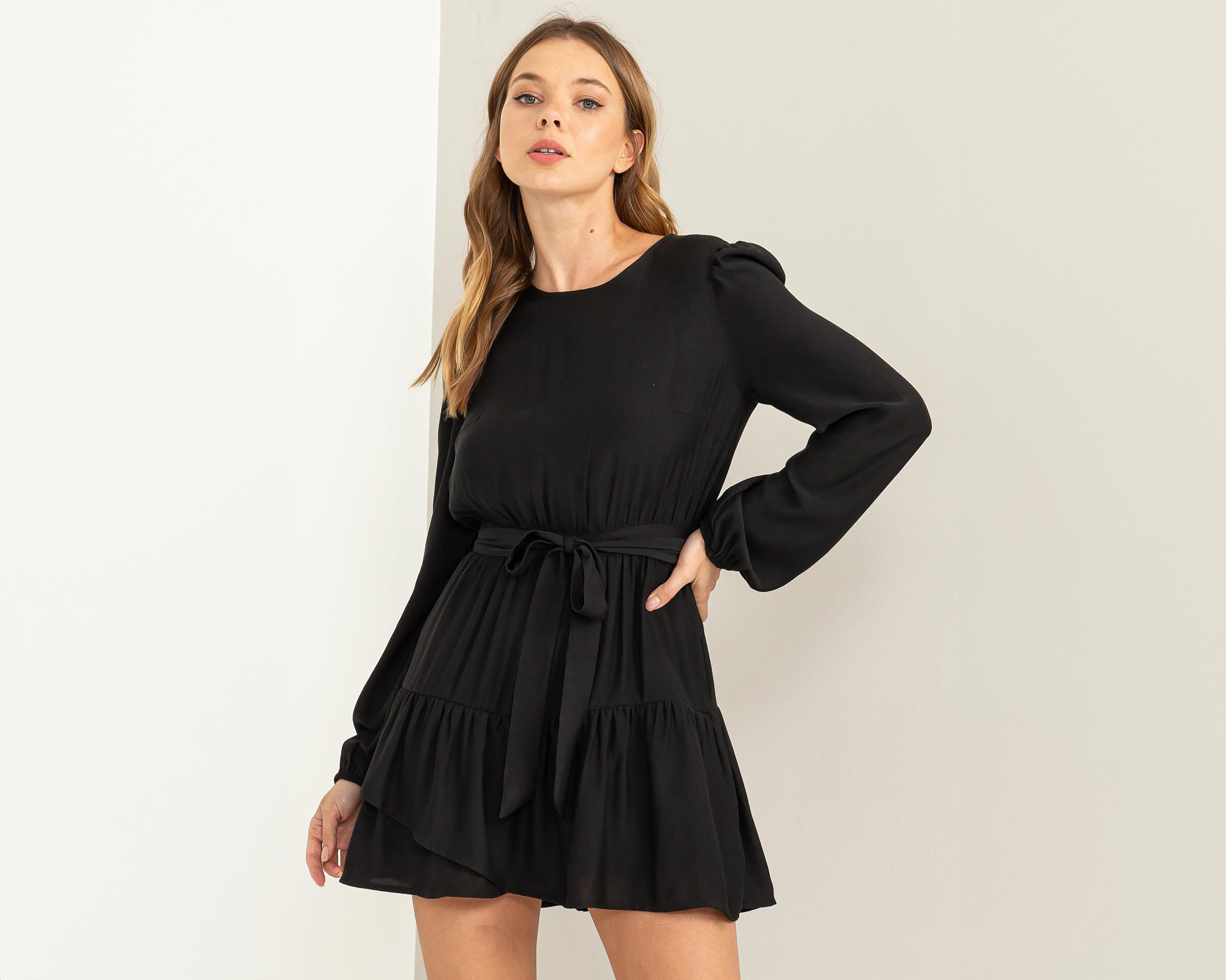 Foto 4 pulgar | Vestido Casual Sahara Negro Manga Larga con Olanes