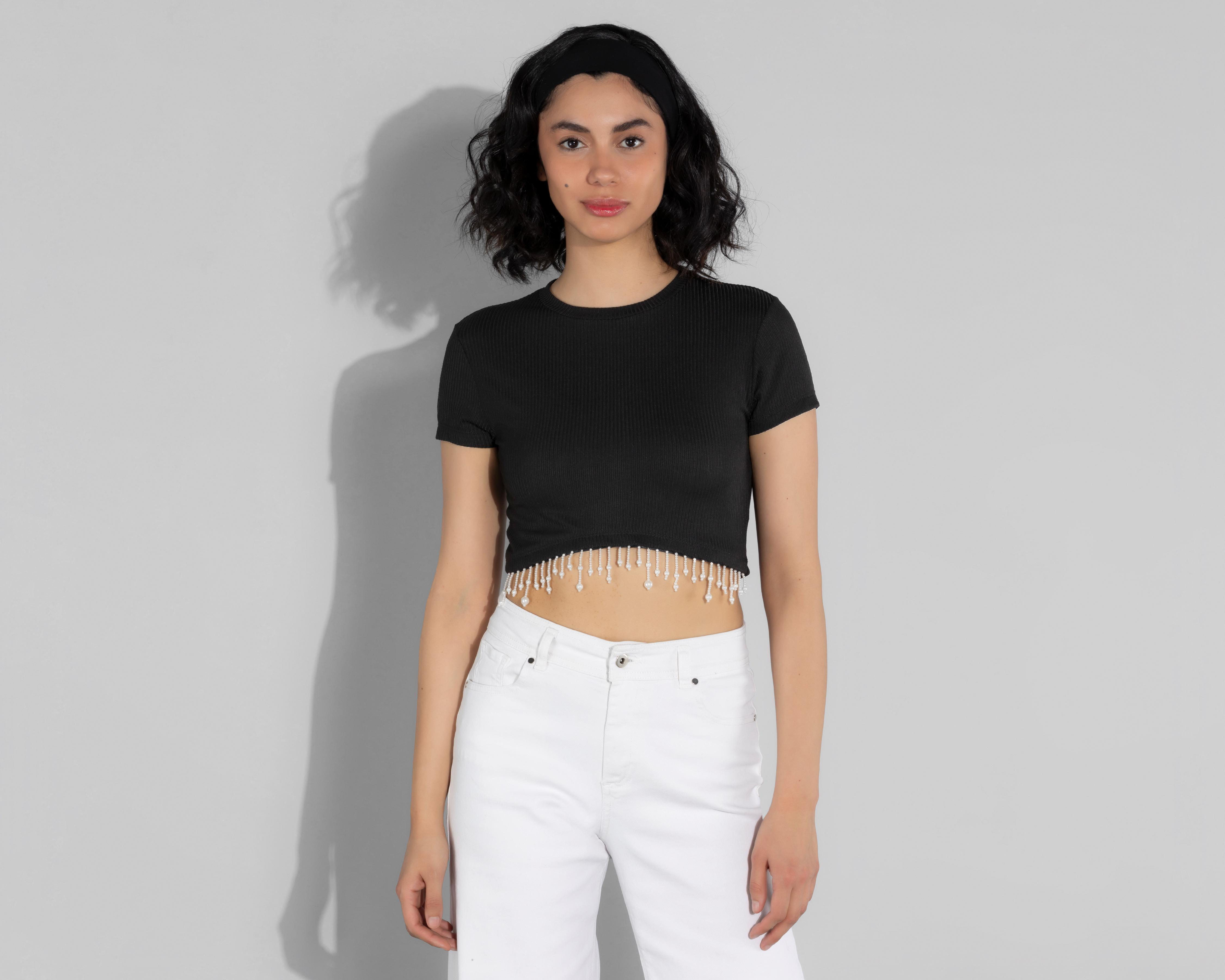 Foto 1 | Blusa Thinner Manga Corta con Perlas