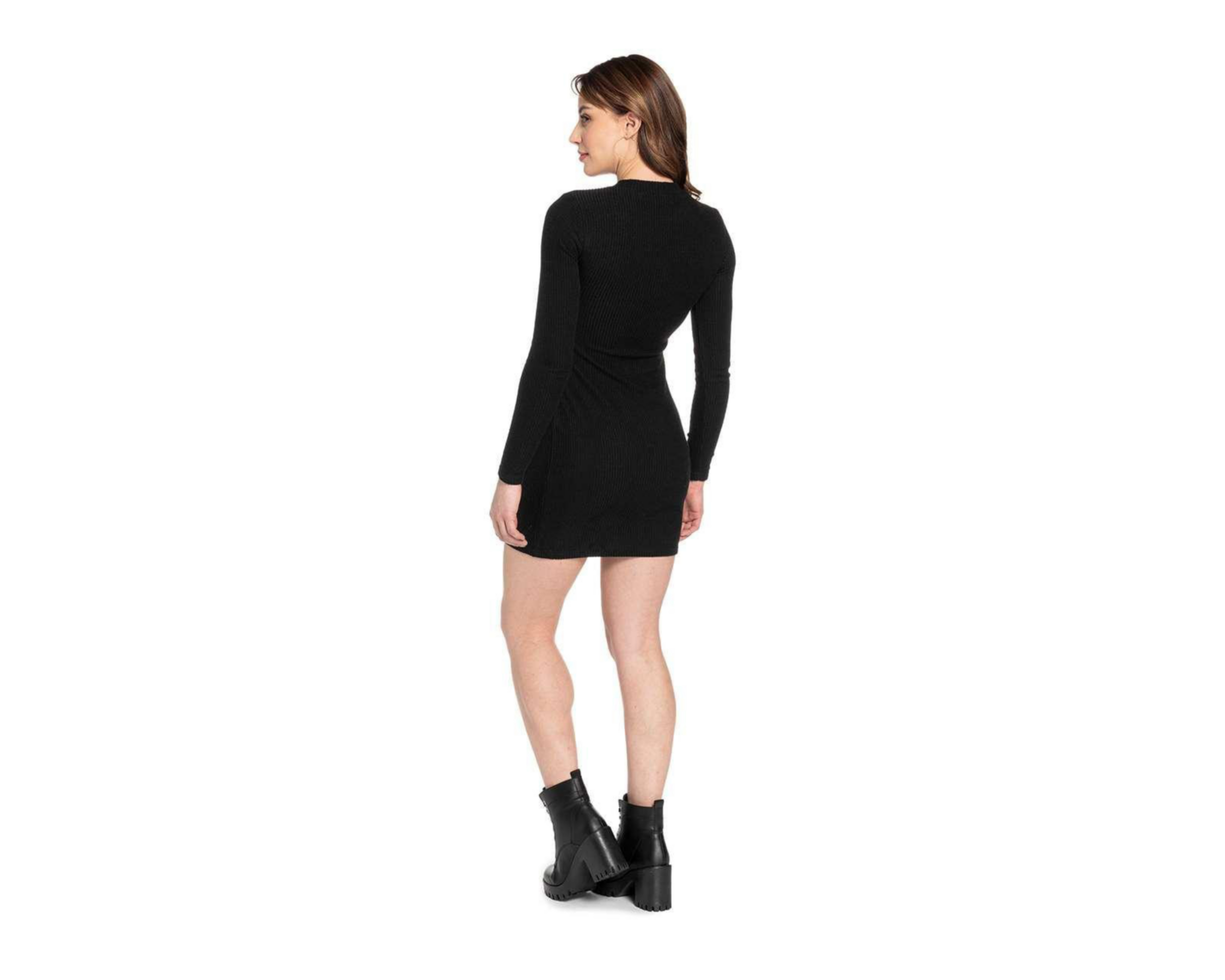 Foto 4 pulgar | Vestido Jennifer Lopez Casual Negro de Manga Larga con Abertura al Frente