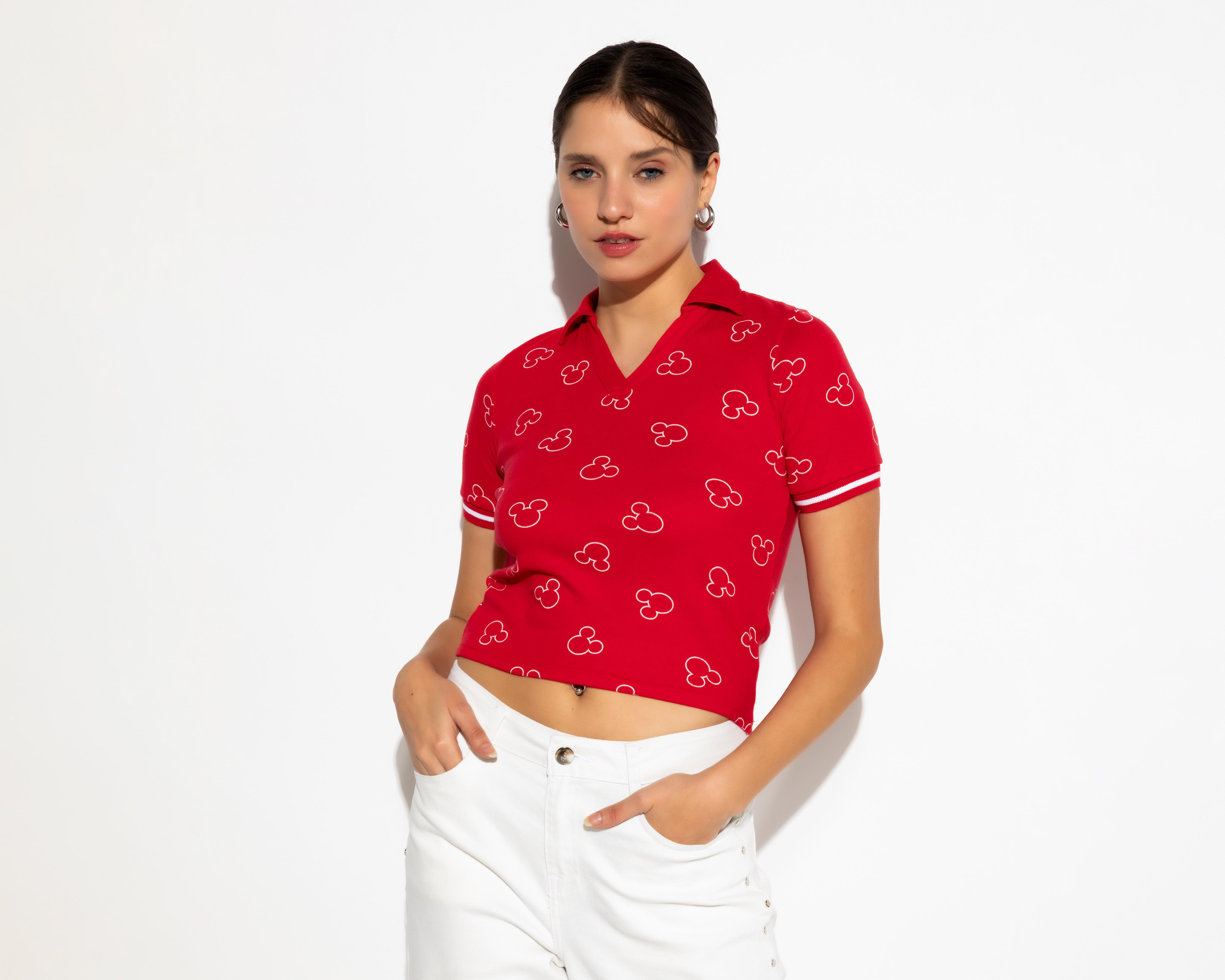 Foto 3 pulgar | Playera Polo Disney Mickey Mouse Roja para Mujer