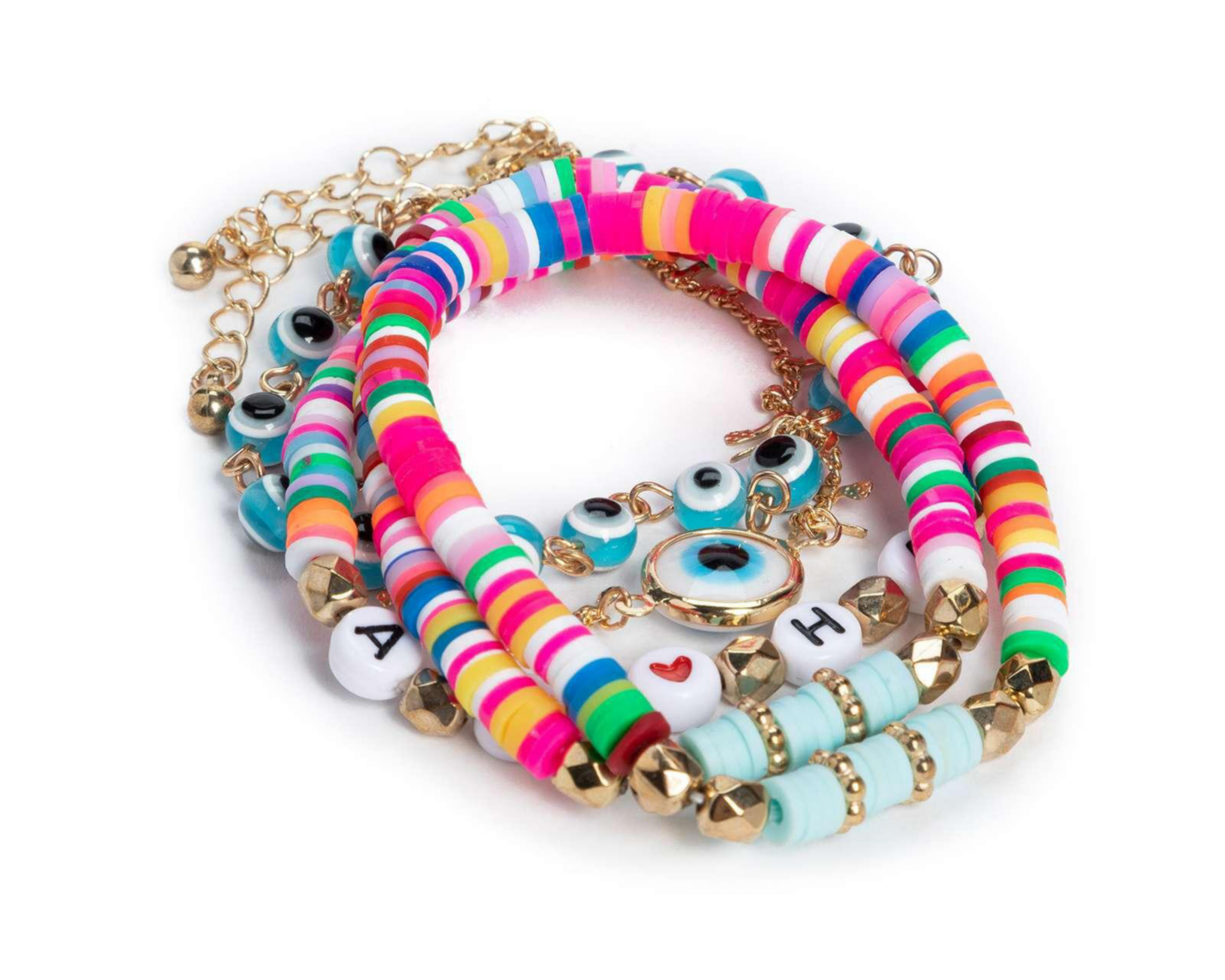 Pulseras Thinner Ojo Turco y Letras Multicolor 5 Piezas