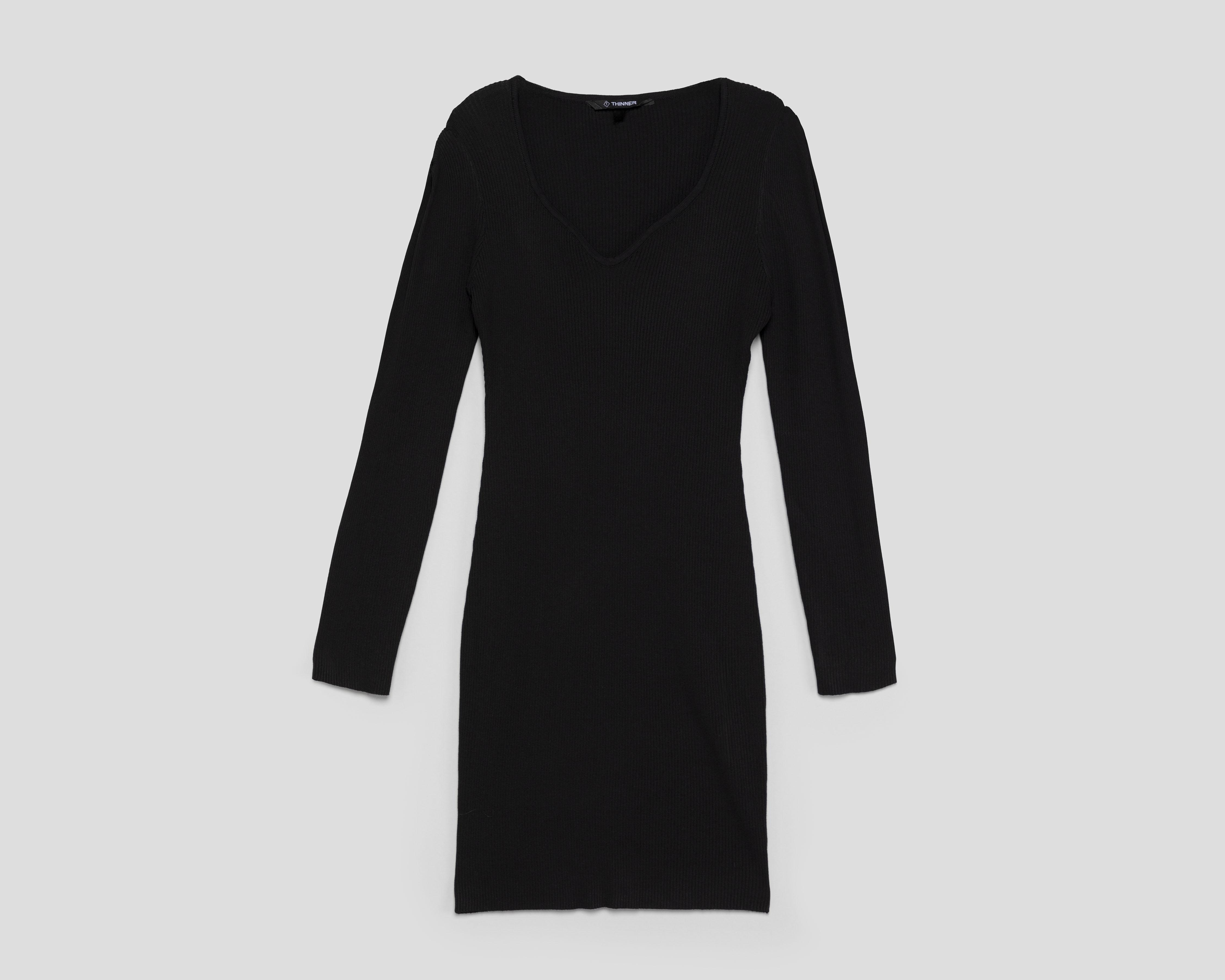 Foto 1 | Vestido Casual Thinner Negro Manga Larga Cuello V