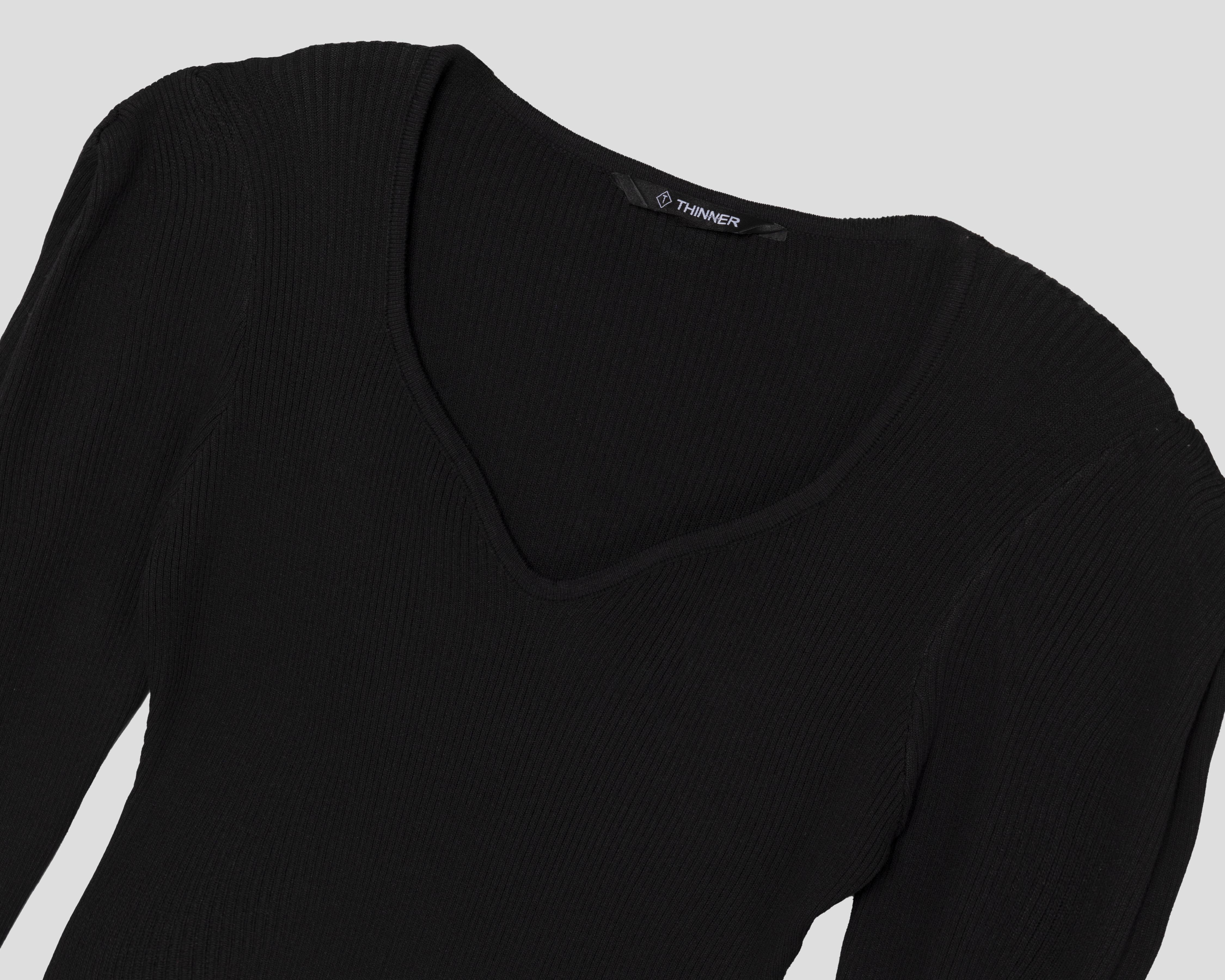 Foto 4 pulgar | Vestido Casual Thinner Negro Manga Larga Cuello V