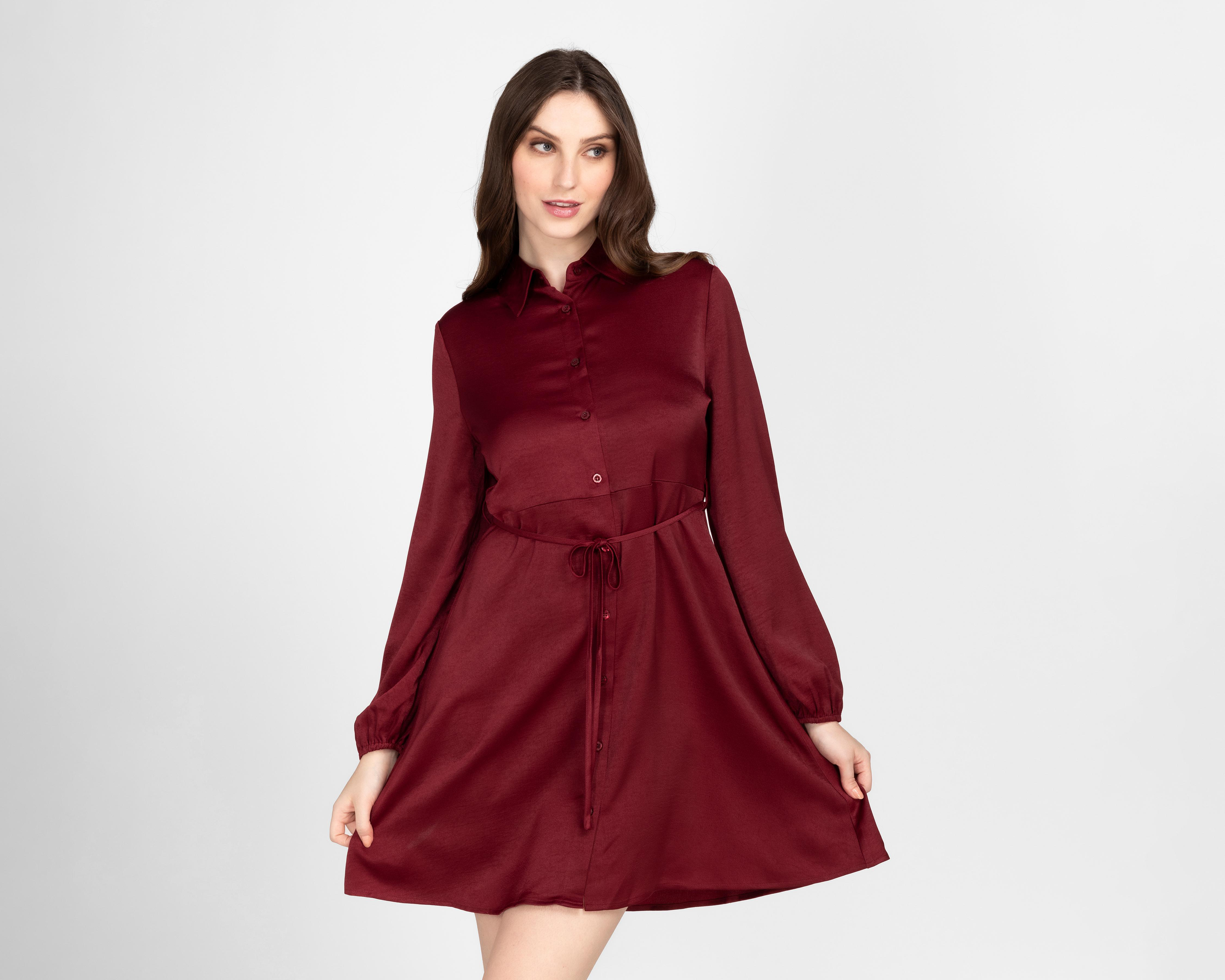 Foto 4 | Vestido Casual Sahara Tinto Manga Larga de Botones