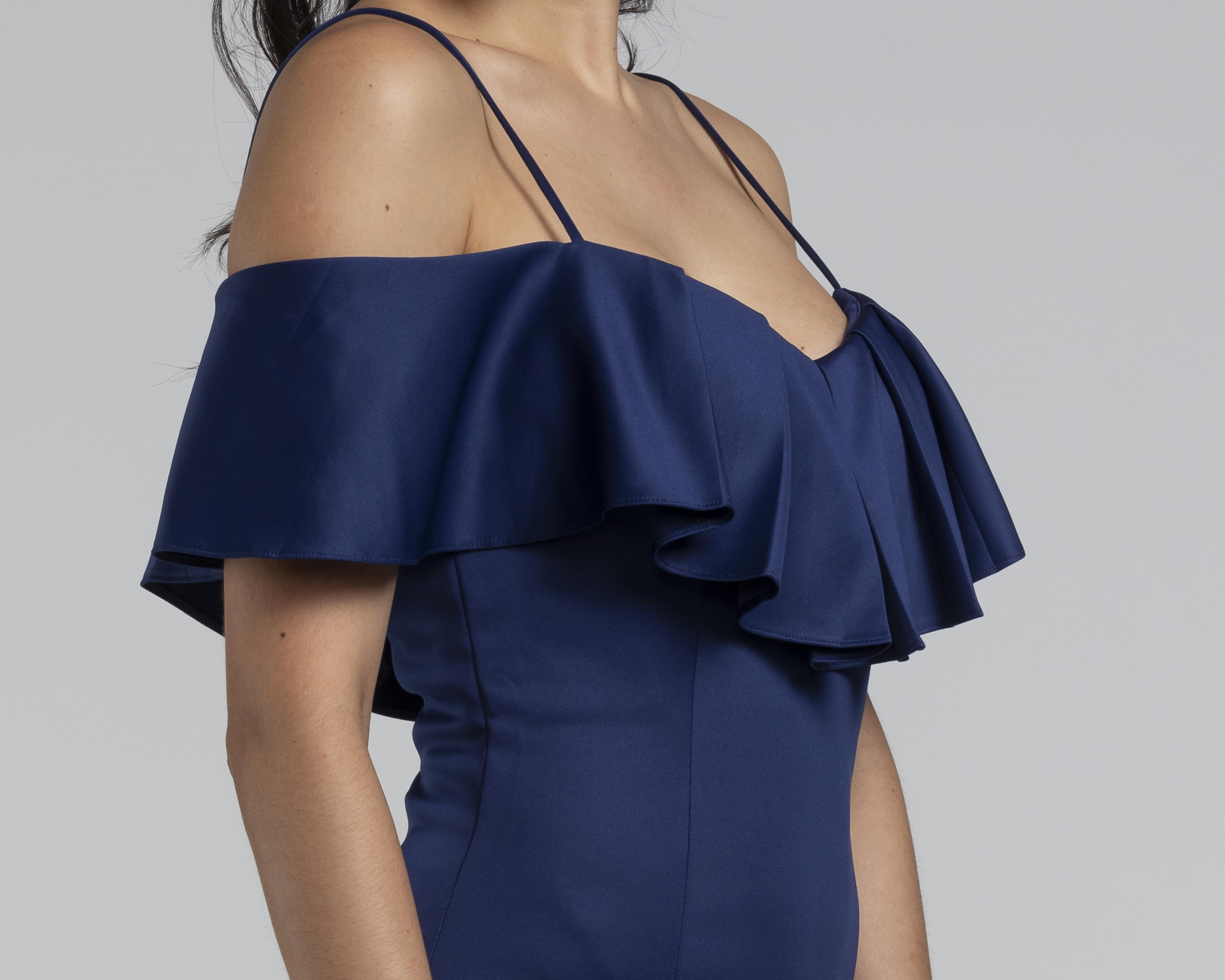 Foto 5 pulgar | Vestido Meirius de Noche Azul Largo con Holán