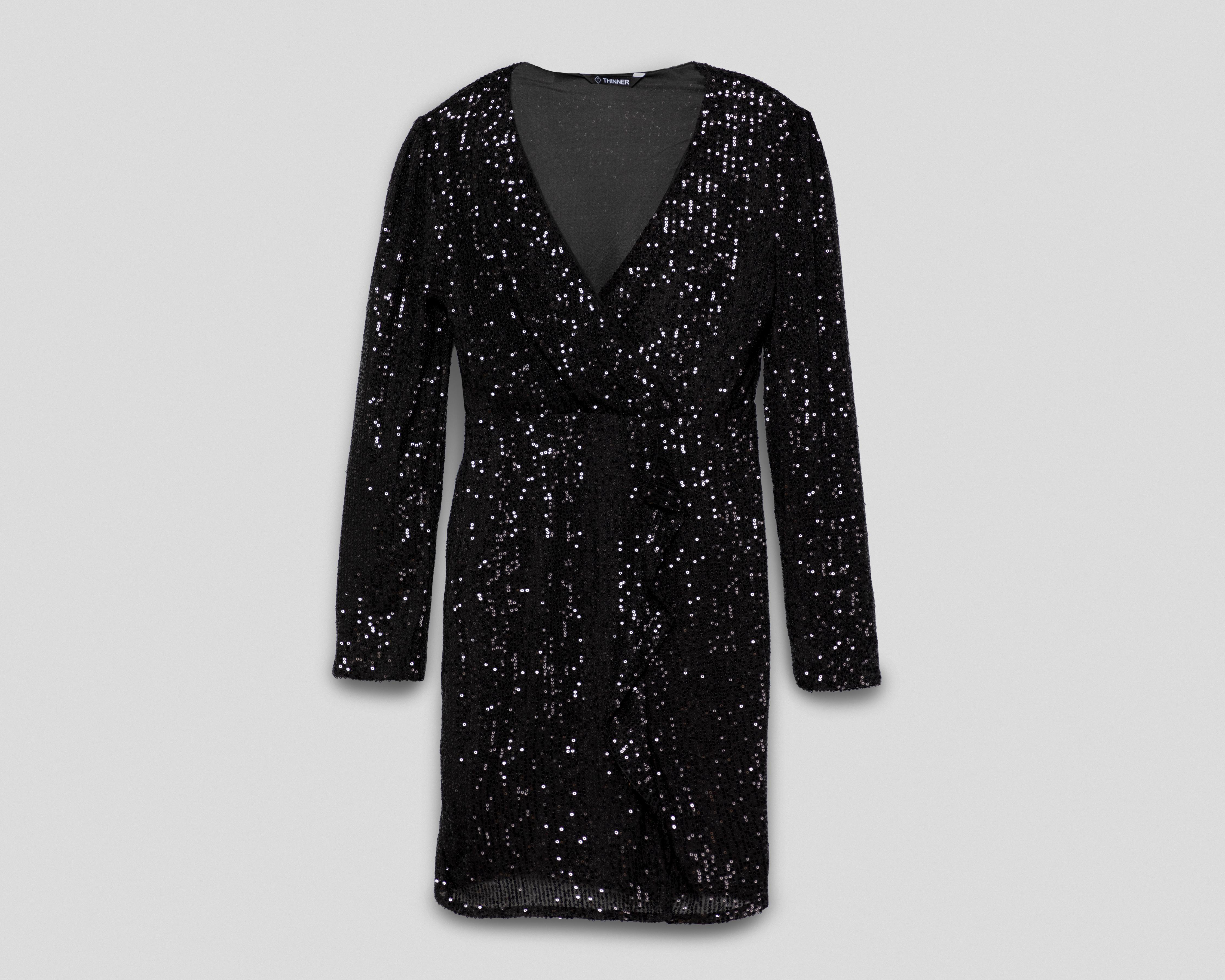 Foto 2 pulgar | Vestido de Fiesta Thinner Negro Manga Larga con Lentejuela para Mujer