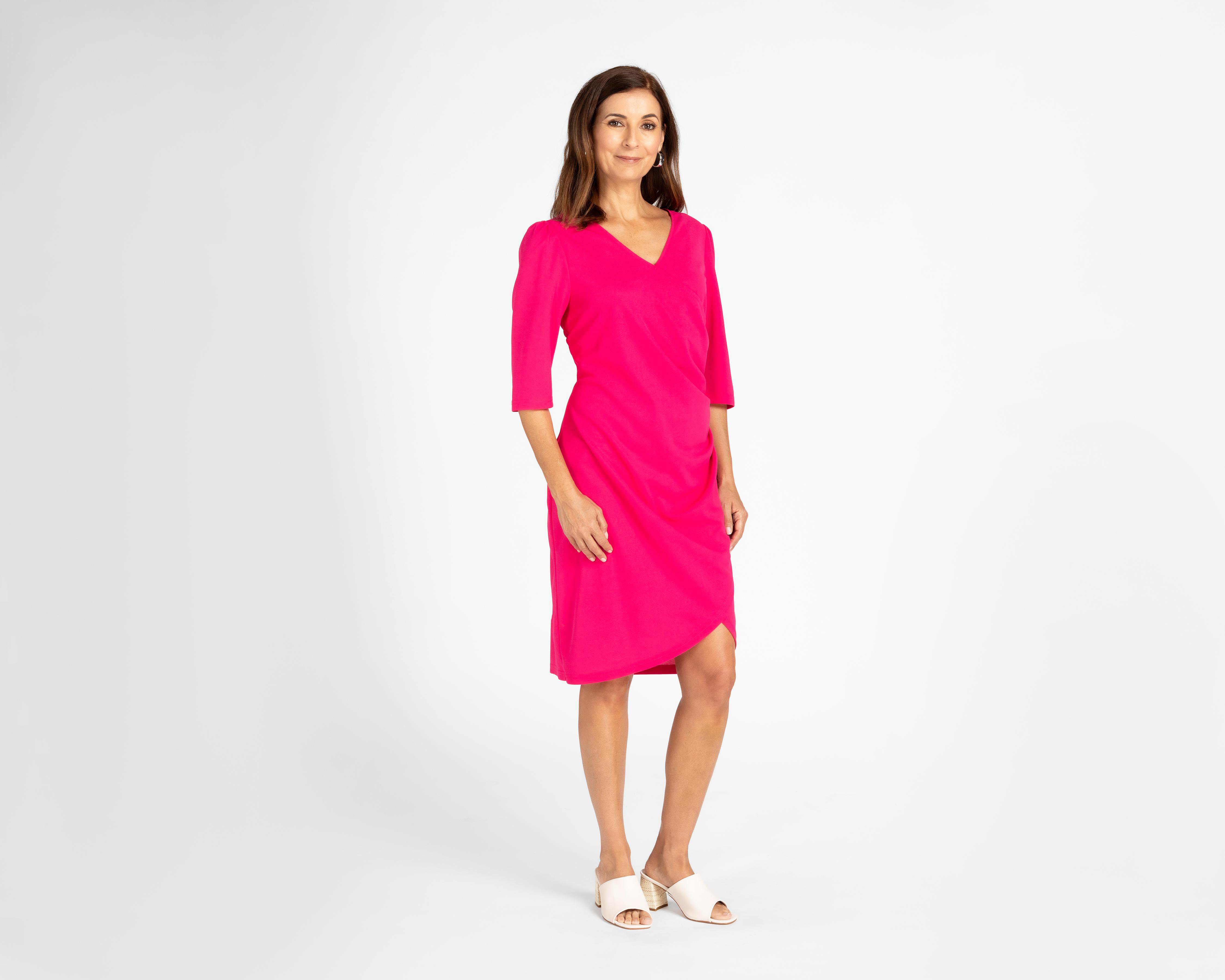Vestido Sahara Formal Rosa Manga 3/4 Cuello V