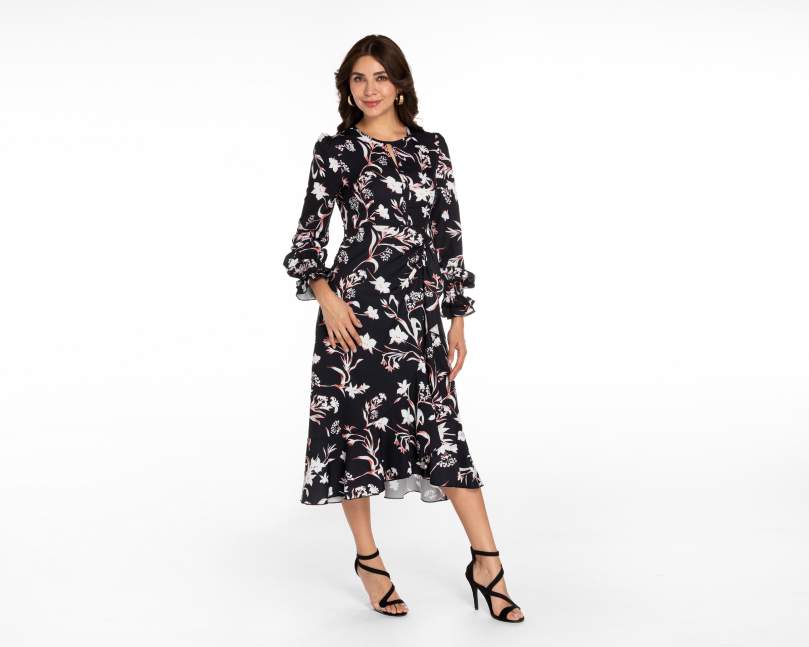 Vestido Meirius de Noche Midi Negro con Estampado Floral