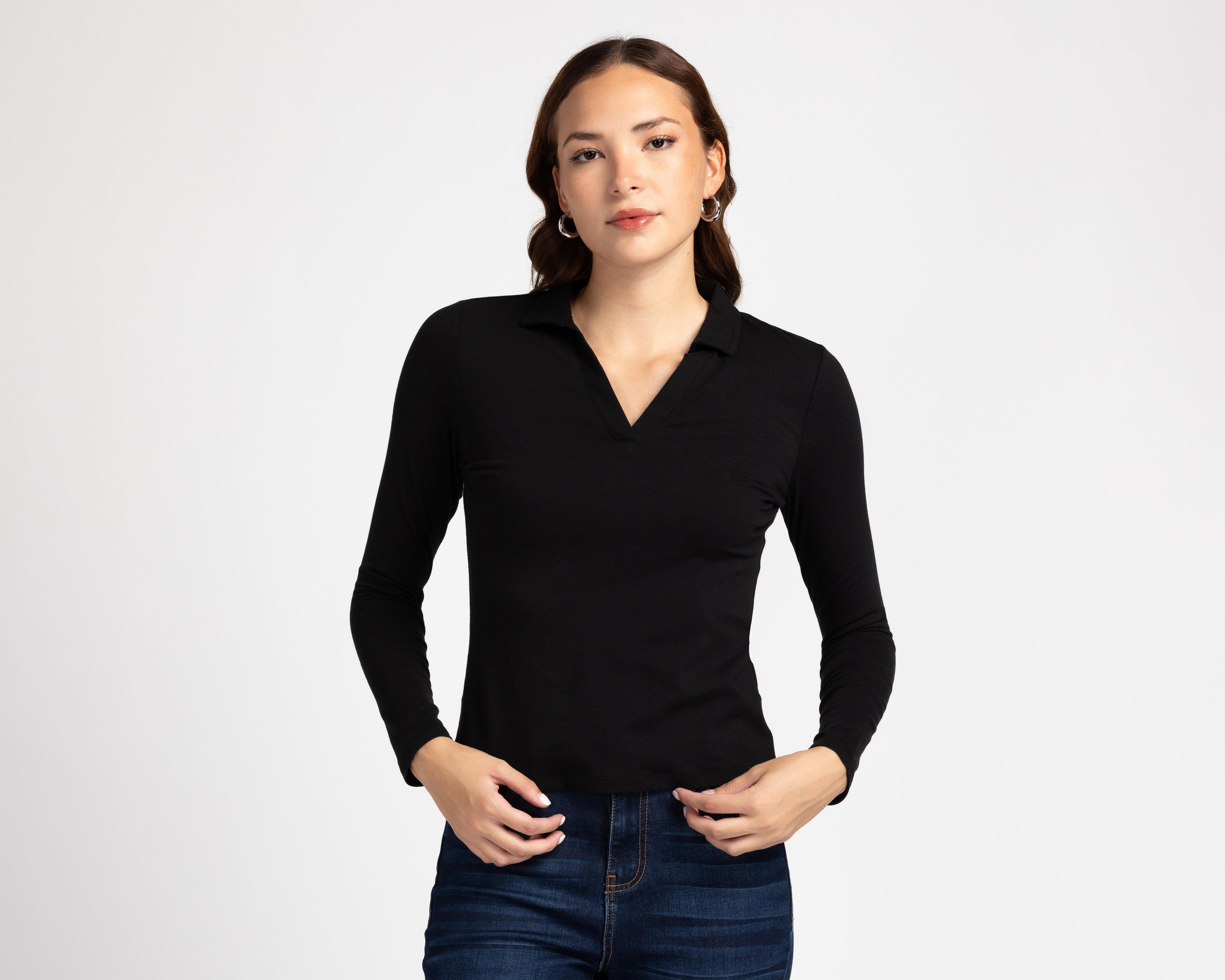 Foto 2 pulgar | Playera Polo Refill Cuello V Manga Larga Negra para Mujer