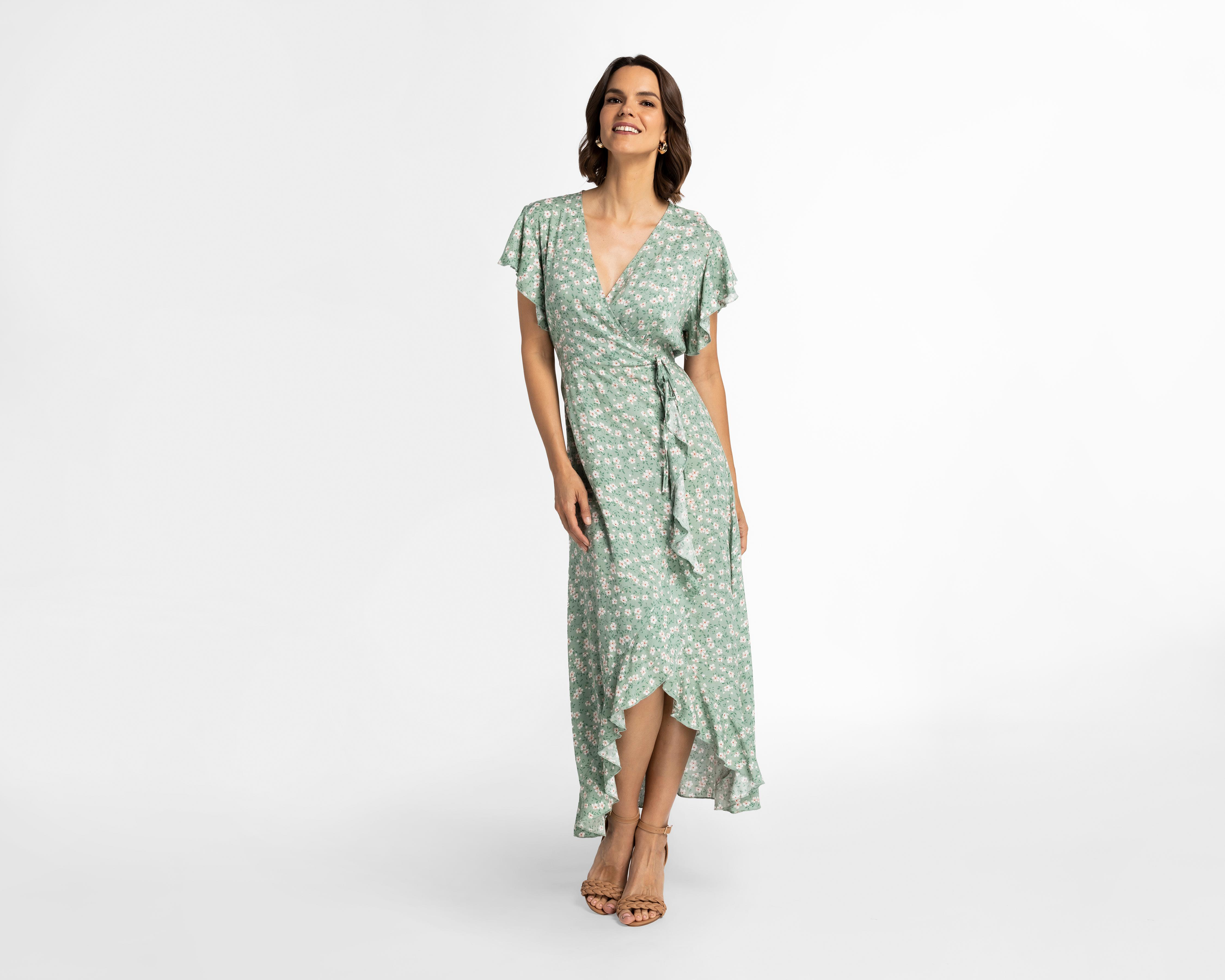 Vestido Sahara Casual Cuello V con Olanes