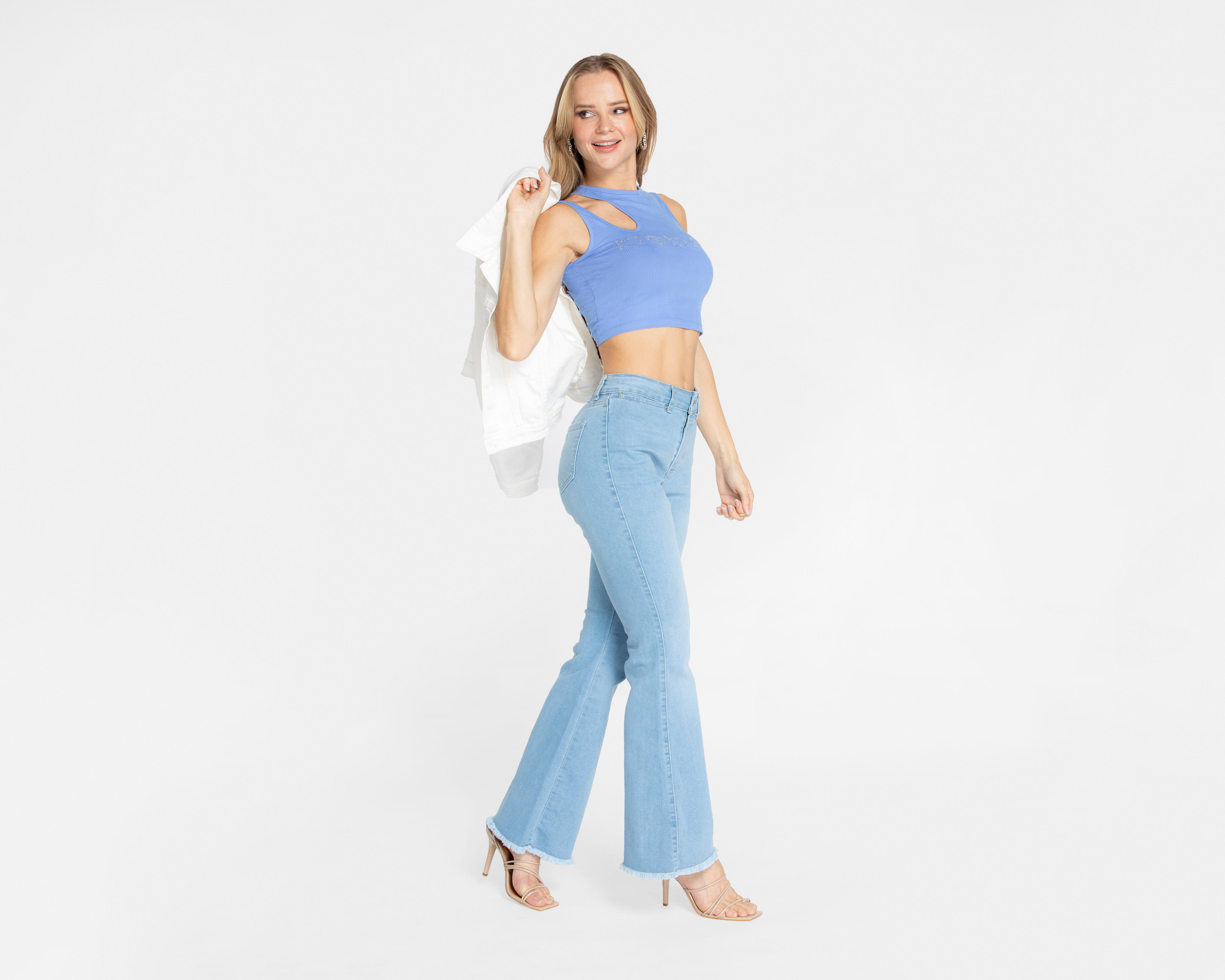 Foto 3 pulgar | Crop Top Bebe Azul con Pedrería