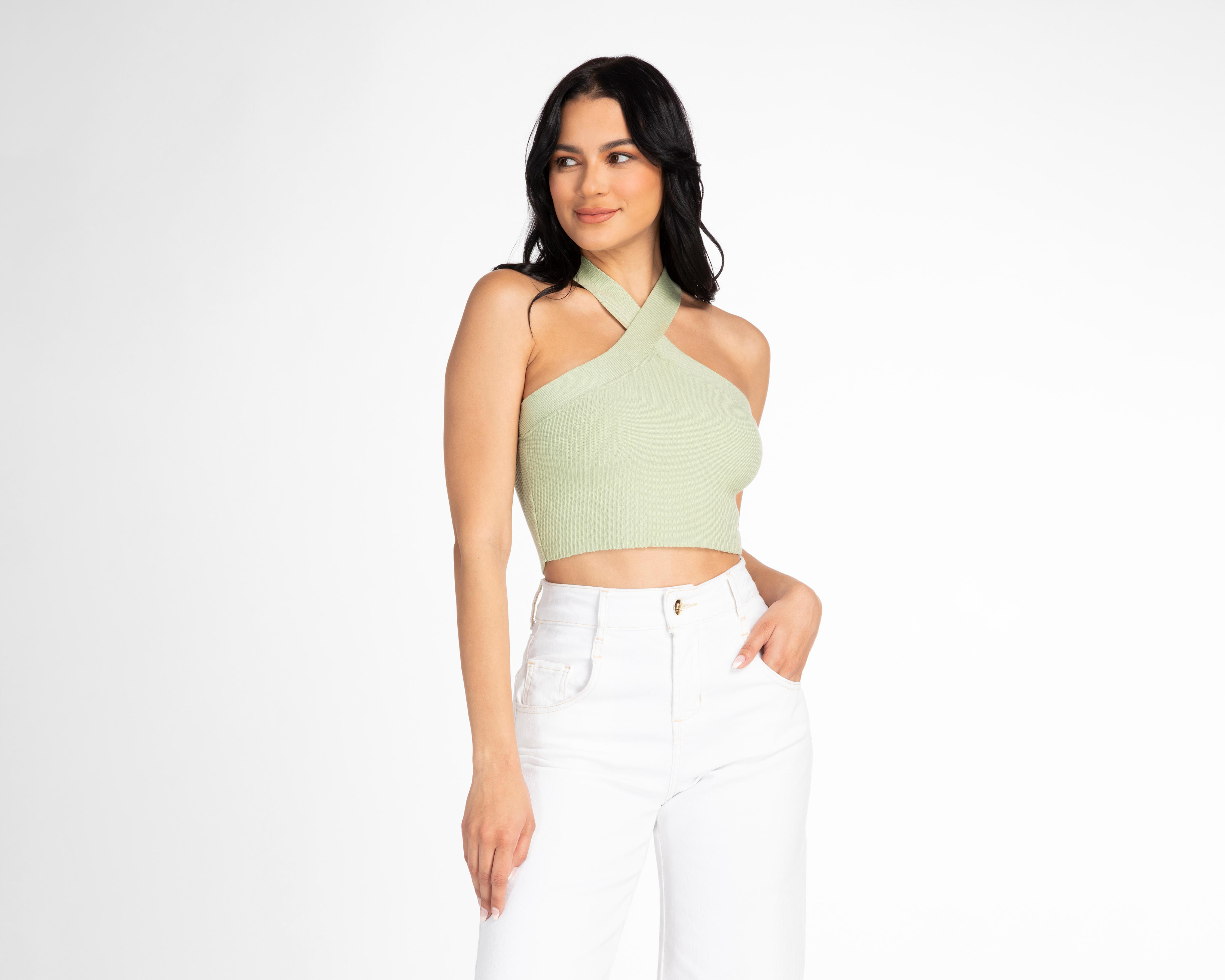 Foto 3 pulgar | Crop Top Jennifer Lopez Verde Tirantes Cruzados