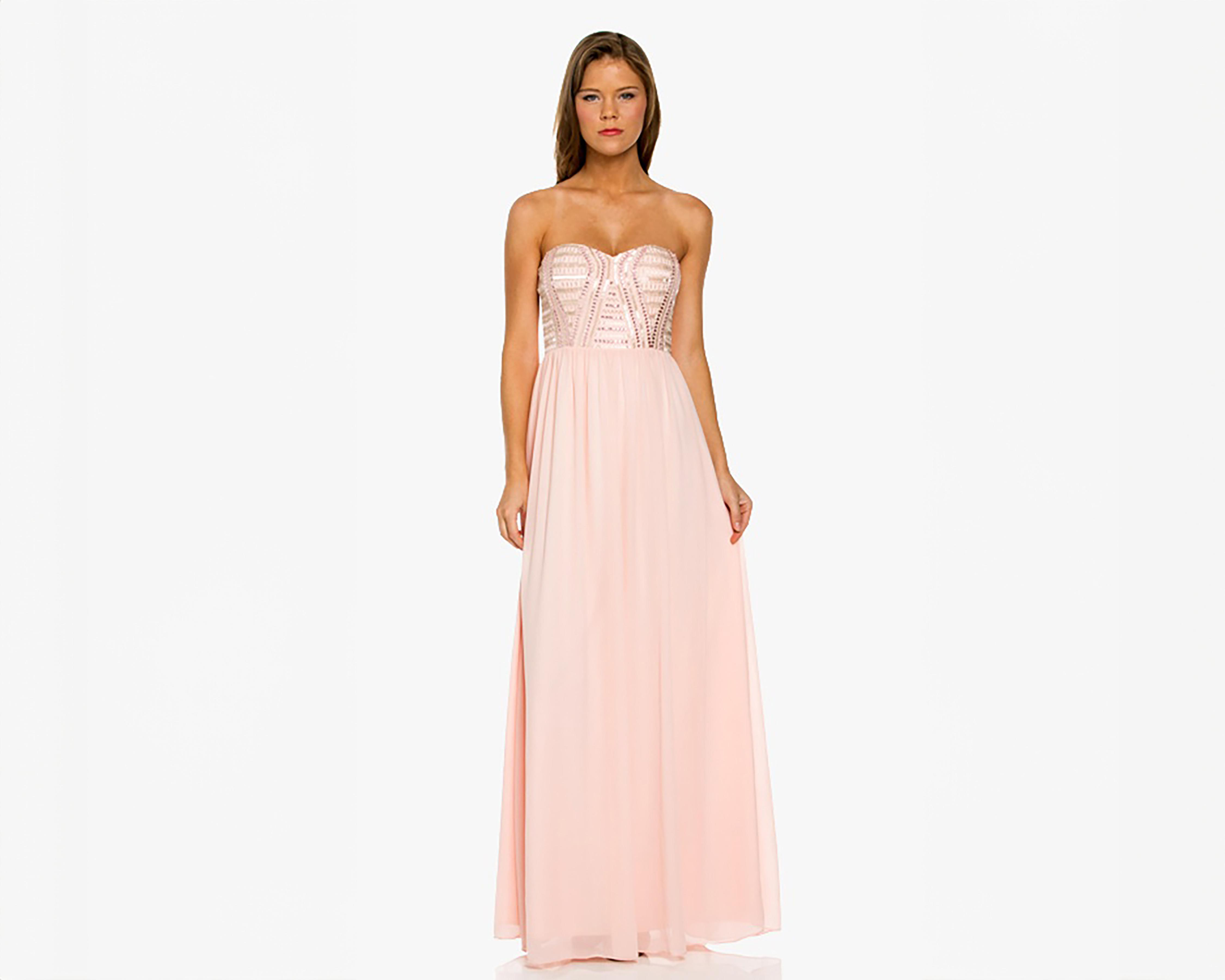 Vestido Minuet de Noche Rosa Strapless con Pedrería