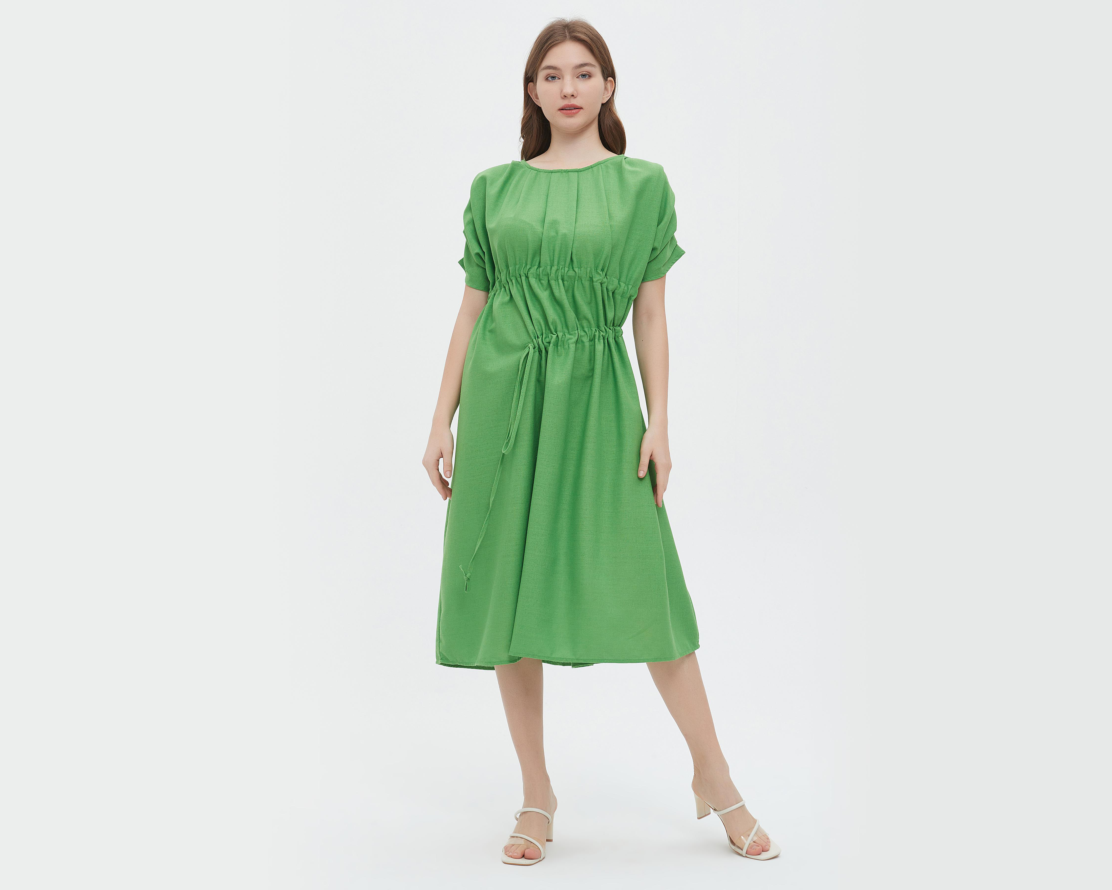 Foto 2 pulgar | Vestido Sahara Casual Verde con Manga Corta y Elástico en Cintura