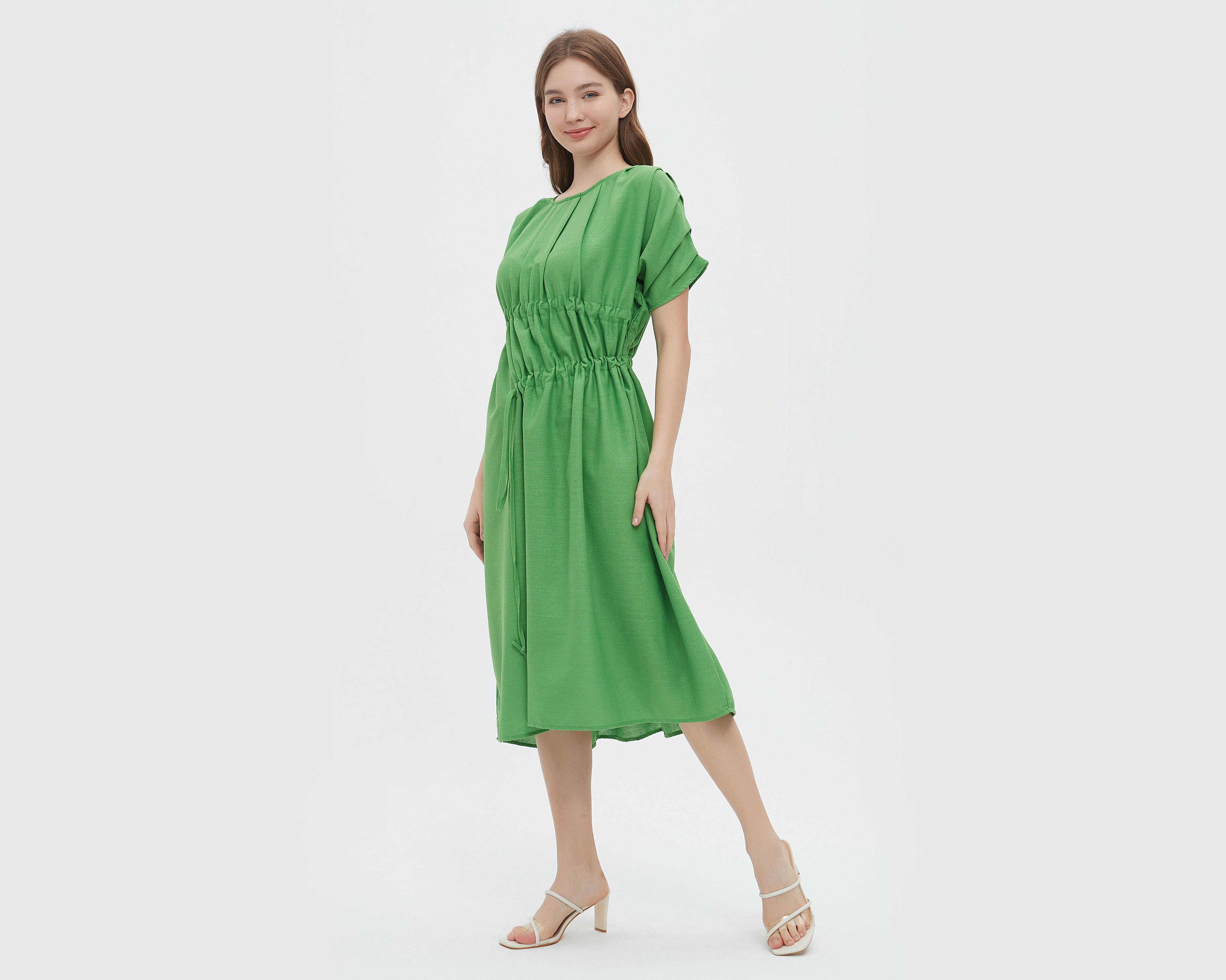 Foto 3 pulgar | Vestido Sahara Casual Verde con Manga Corta y Elástico en Cintura