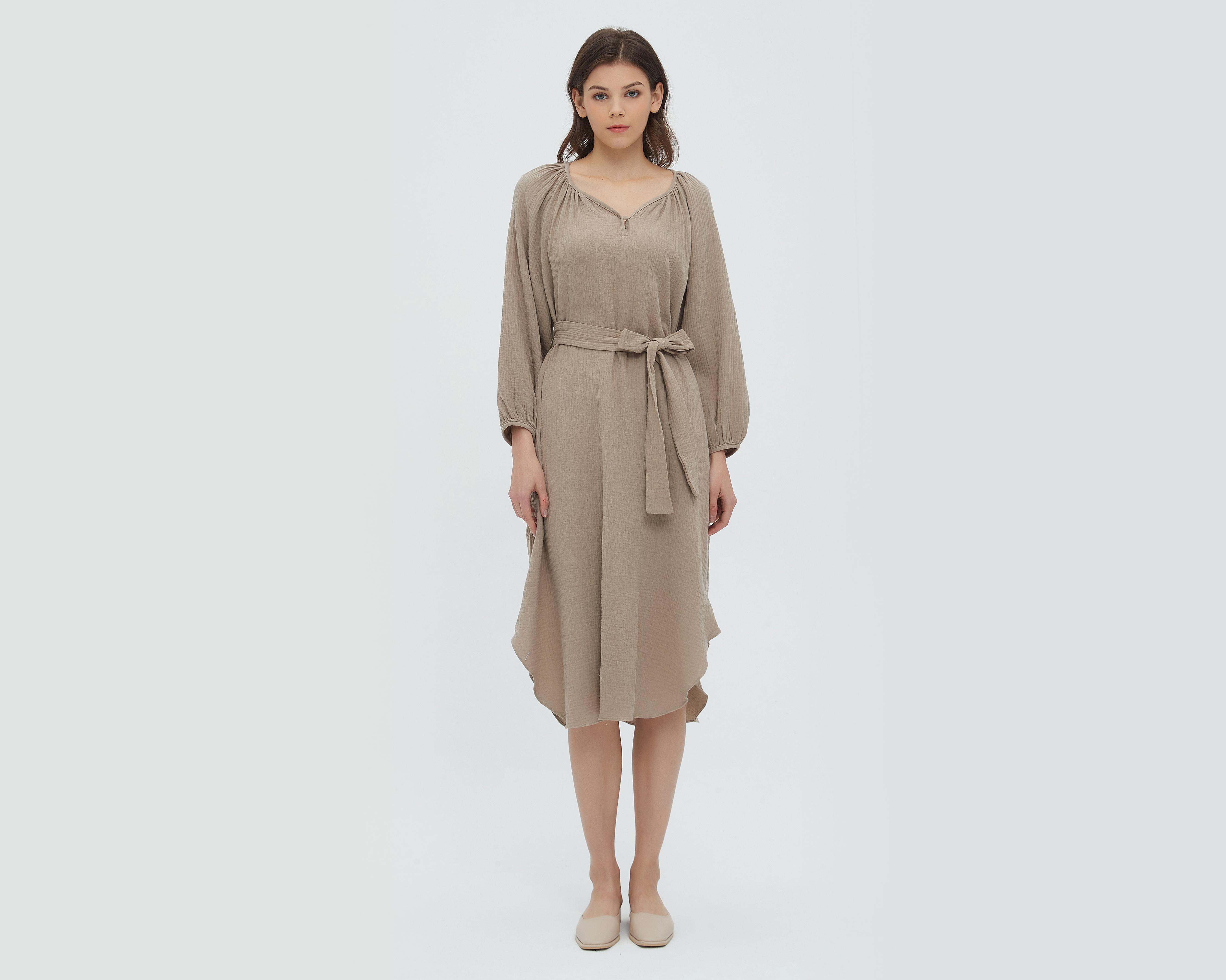 Foto 1 | Vestido Sahara Casual de Algodón con Manga Larga y Cinturón