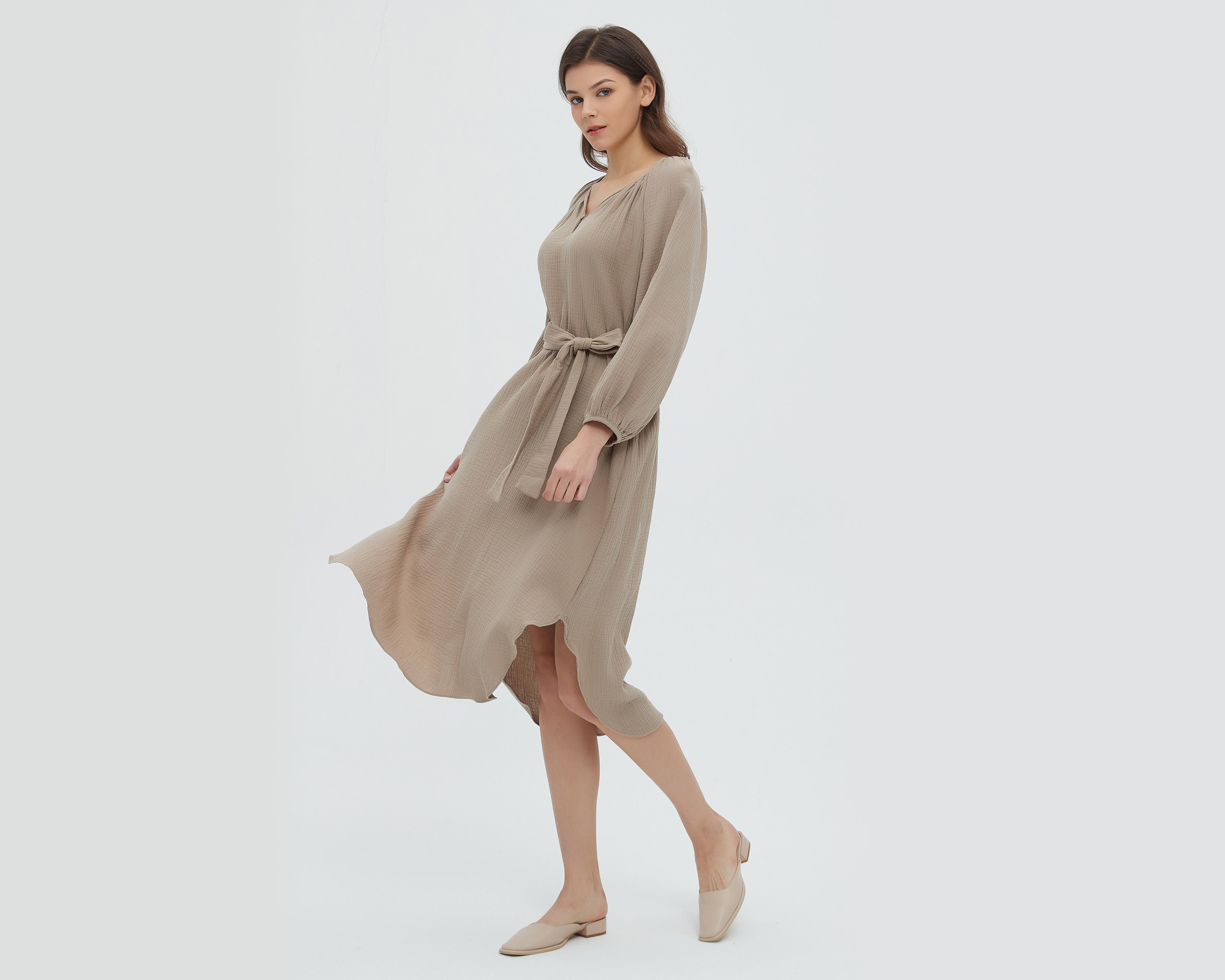 Foto 4 pulgar | Vestido Sahara Casual de Algodón con Manga Larga y Cinturón